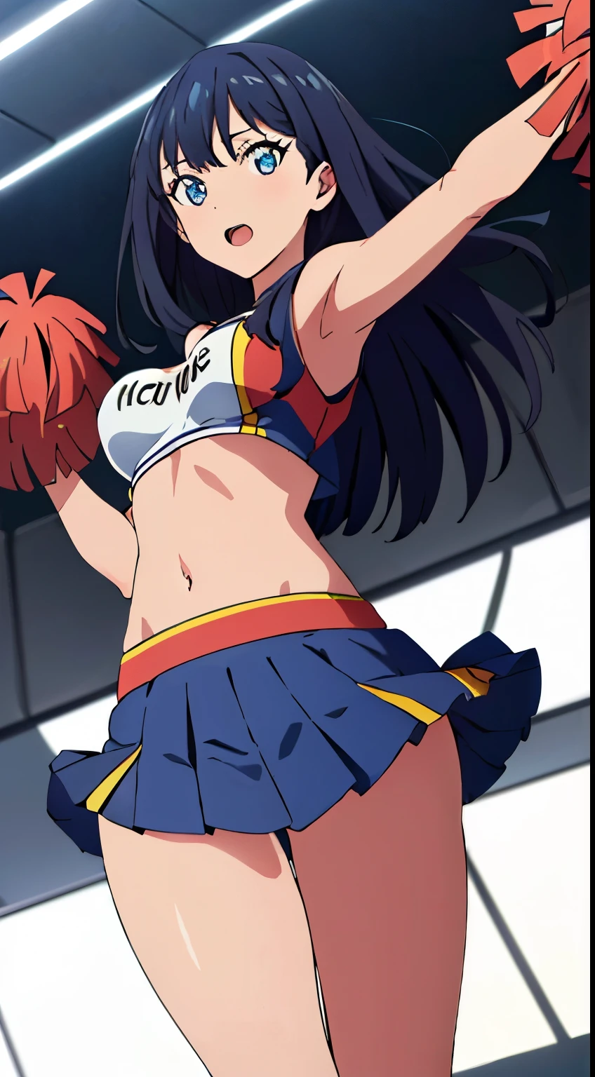 masterpiece, highest quality, High resolution,takarada rikka,anime,1 girl, black hair,blue eyes,(cheerleader,Cheerleader,pom pom,arena,),stylish pose,looking at the viewer,in the center of the image, (lively_color:1.2) (beautiful_medium breasts:1.3), (beautiful_face:1.4),(slim_waist),(beautiful_thighs:1.2),
