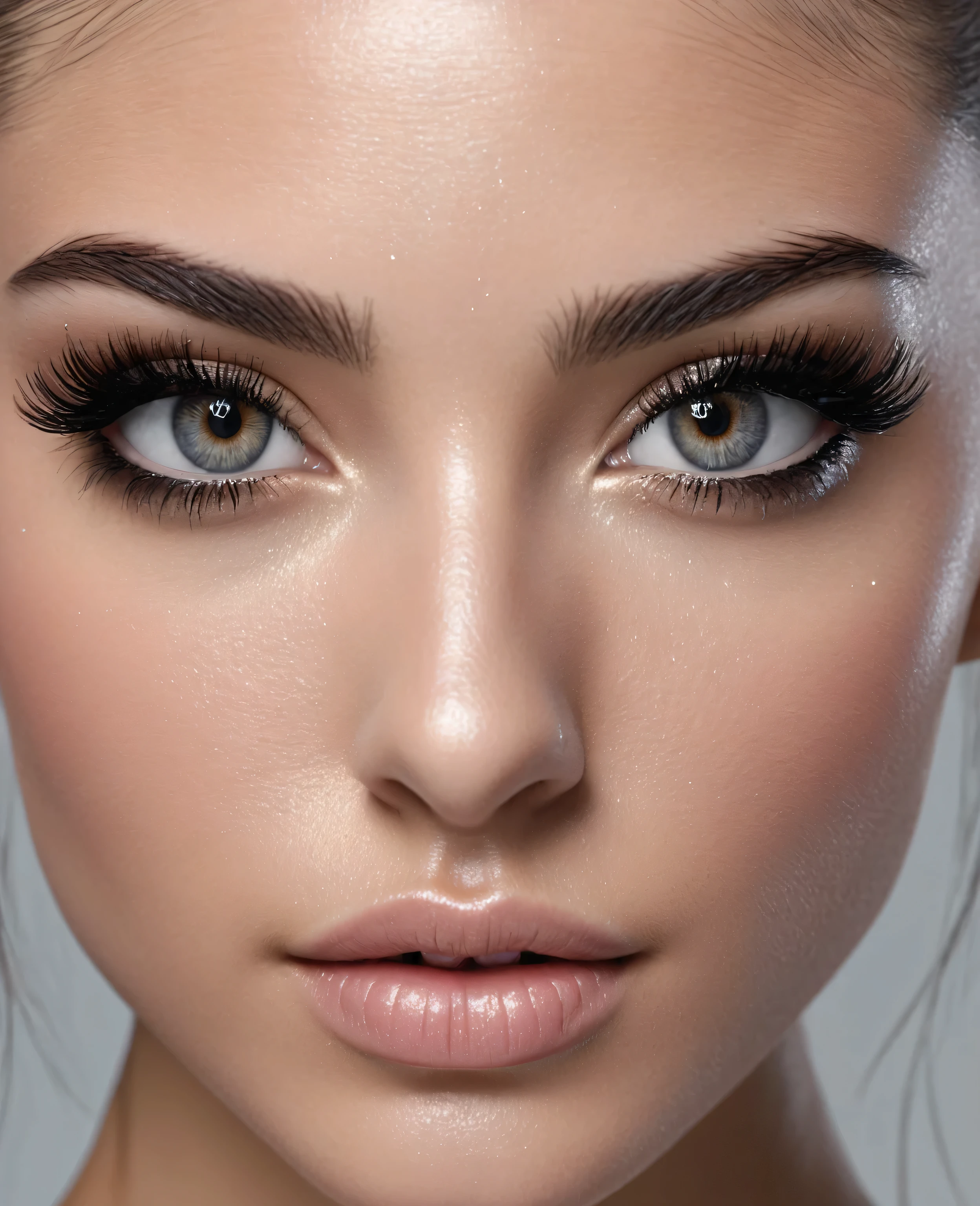 Half body shot-((Extremely detailed white girl, 25 years old, perfect Face)) ((extremetly detailed light gray eyes full of life, with white, black sparkles near the iris)). Natural make-up (long and slick brown ponytail hair:1.1). minimal facial expression hyper realistic, perfect anatomy, symmetry, (high resolution, 8k HD, DSLR, ultra detailed, realistic human:1.4)(top model)((extreme skin texture detailed, skin pores:1.8)). (Perfect and thin nose:1.4) (Defined cheekbones:0.4) (XF IQ4, 150MP, 50mm, ISO 1000, 1/250s, soft light, sharp focus, Adobe Lightroom, photolab, Affinity Photo, PhotoDirector 365).