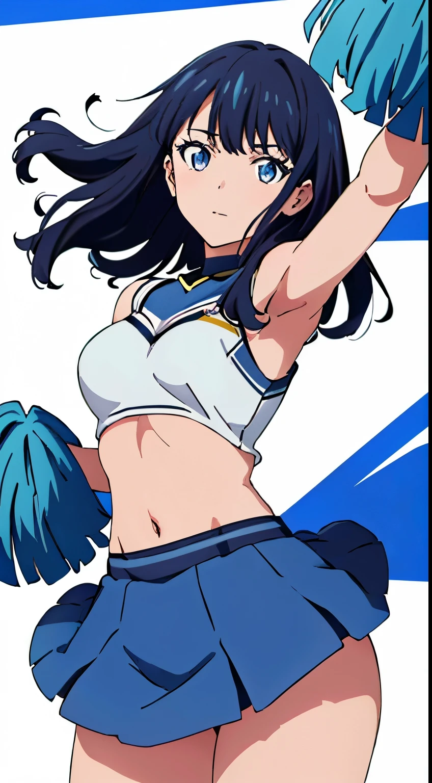 masterpiece, highest quality, High resolution,takarada rikka,anime,1 girl, black hair,blue eyes,(cheerleader,Cheerleader,pom pom,arena,),stylish pose,looking at the viewer,in the center of the image, (lively_color:1.2) (beautiful_medium breasts:1.3), (beautiful_face:1.4),(slim_waist),(beautiful_thighs:1.2),
