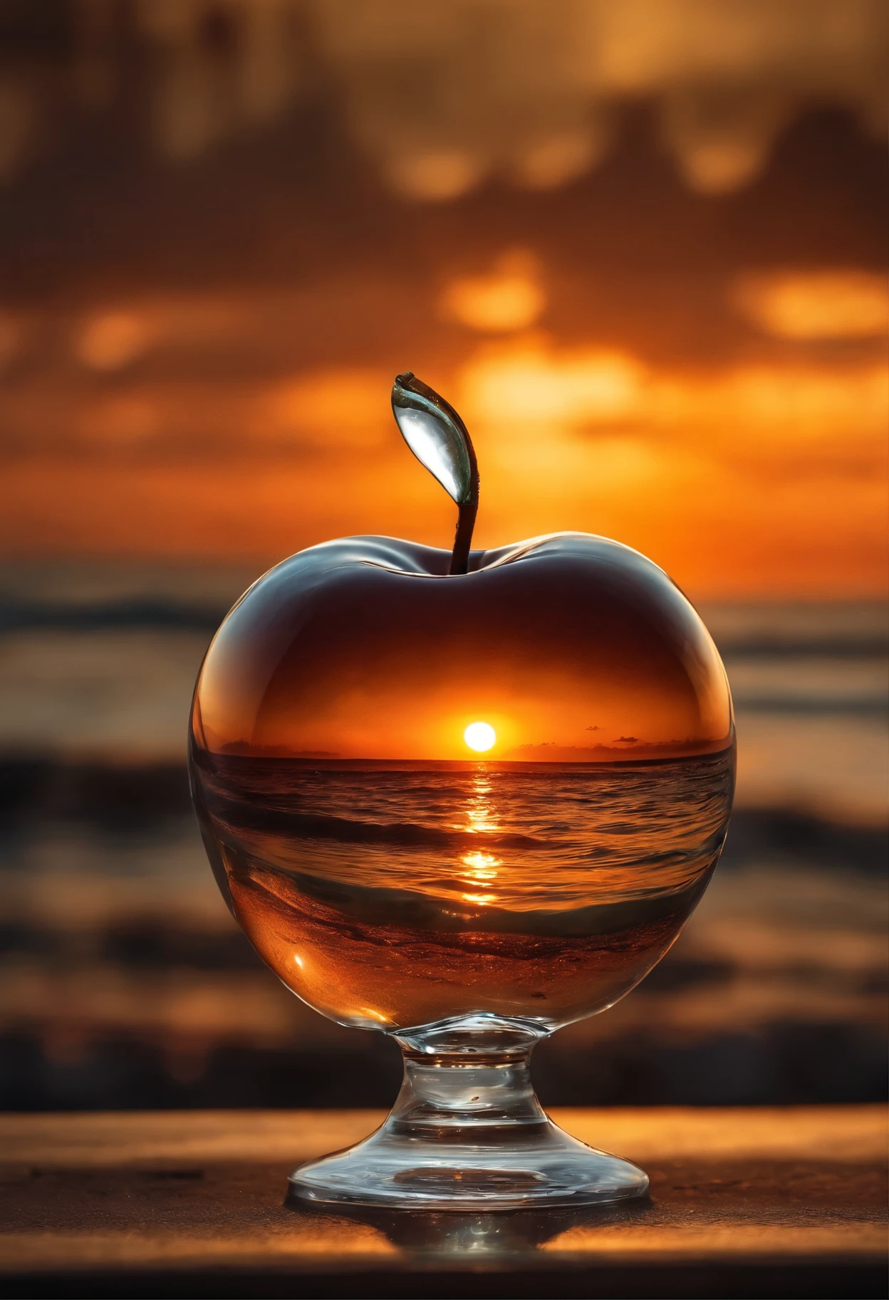 lovely double exposure image by blending together a sunset at the sea and a glass apple. The sea should serve as the underlying backdrop, with its details subtly incorporated into the glossy glass apple, sharp focus, double exposure, glossy glass apple, (translucent glass figure of an apple) (sea inside) lifeless, dead, glass apple, earthy colors, decadence, intricate design, hyper realistic, high definition, extremely detailed, dark softbox image, raytracing, cinematic, HDR, photorealistic (double exposure:1.1)