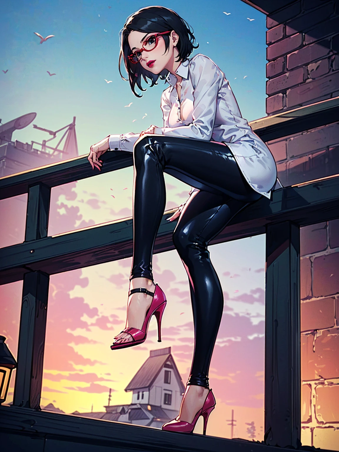 (1girl, solo, alone), (WakatsukiRisa, Sarada Uchiha, black hair, short hair, black eyes, red glasses), ((solo, (1woman, pink lipstick, (small breasts), black eyes), Extremely detailed, ambient soft lighting, 4k, perfect eyes, a perfect face, perfect lighting, a 1girl)), austere, ((black leather pants, (high heels, ((dress shirt, white shirt, long sleeve blouse))), black leggings, leather pants, black pants, ((stiletto high heels, (peep toes), black high heels with red soles, high heels)), tight clothes, shiny leather, leather, leathery, farm, balcony, leaning on a balcony, leaning on the railing, leaning on the railing on a balcony, looking to the left, side perspective, admiring the landscape, farm background, pond))