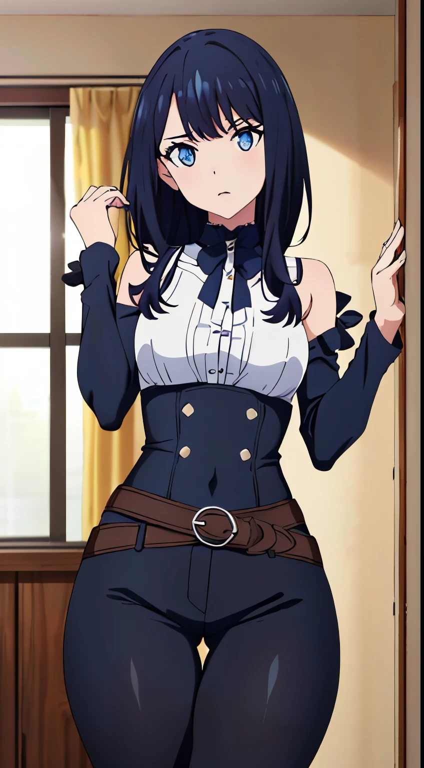 masterpiece, highest quality, High resolution,takarada rikka,anime,1 girl, black hair,blue eyes,(Clothes_gothic,Gothic dress,indoor),stylish pose,looking at the viewer,in the center of the image, (lively_color:1.2) (beautiful_medium breasts:1.3), (beautiful_face:1.4),(slim_waist),(beautiful_thighs:1.2),
