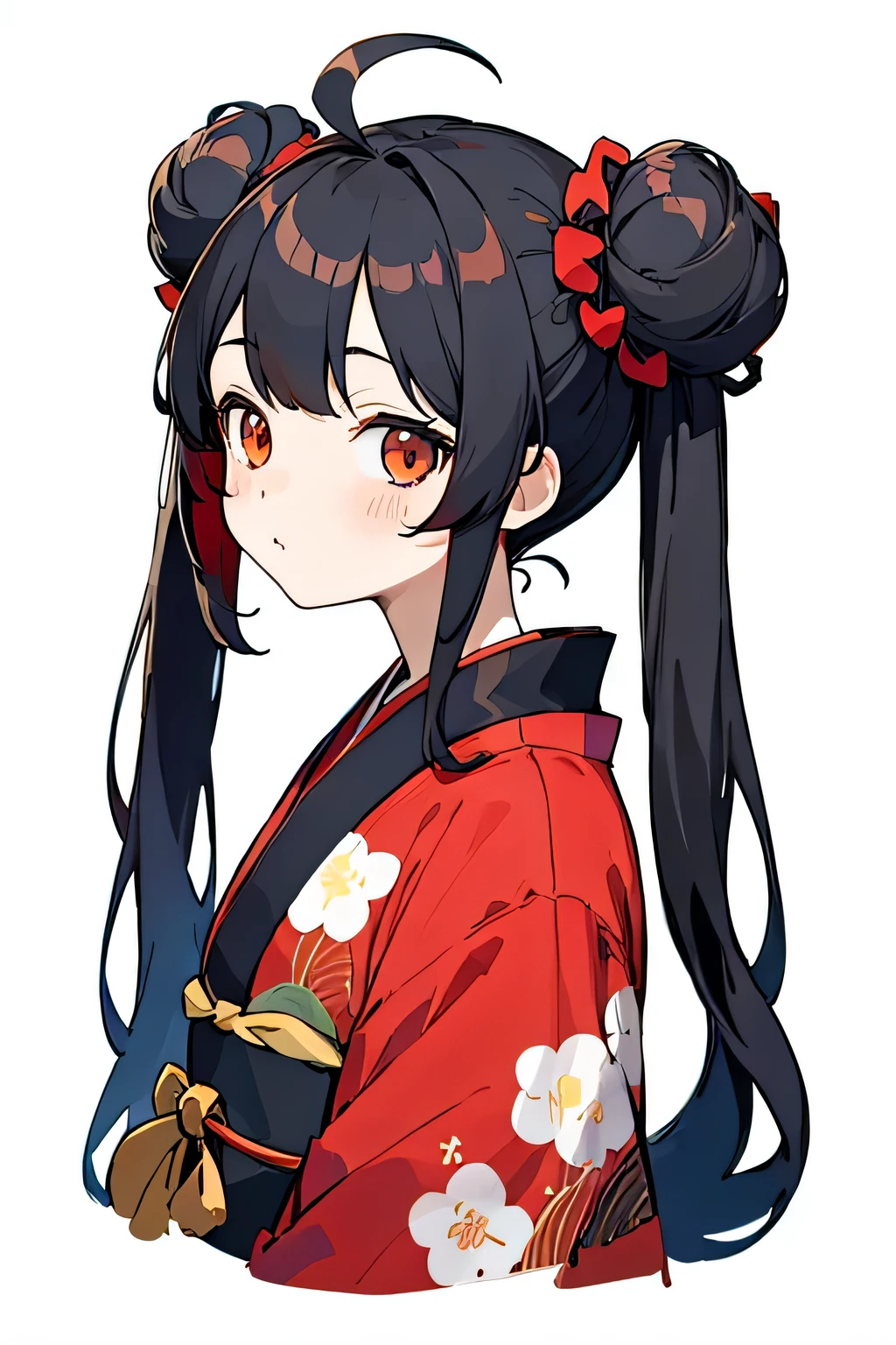 finely best quality illustration:1.2), (kawaii girl:1.0), (1girl, solo:1.0), (black long hair:1.0), (red kimono:1.0), (upper body:1.0), (ultra-detailed, highres, 4k:1.0),(ahoge) (Twintails) (Double buns)