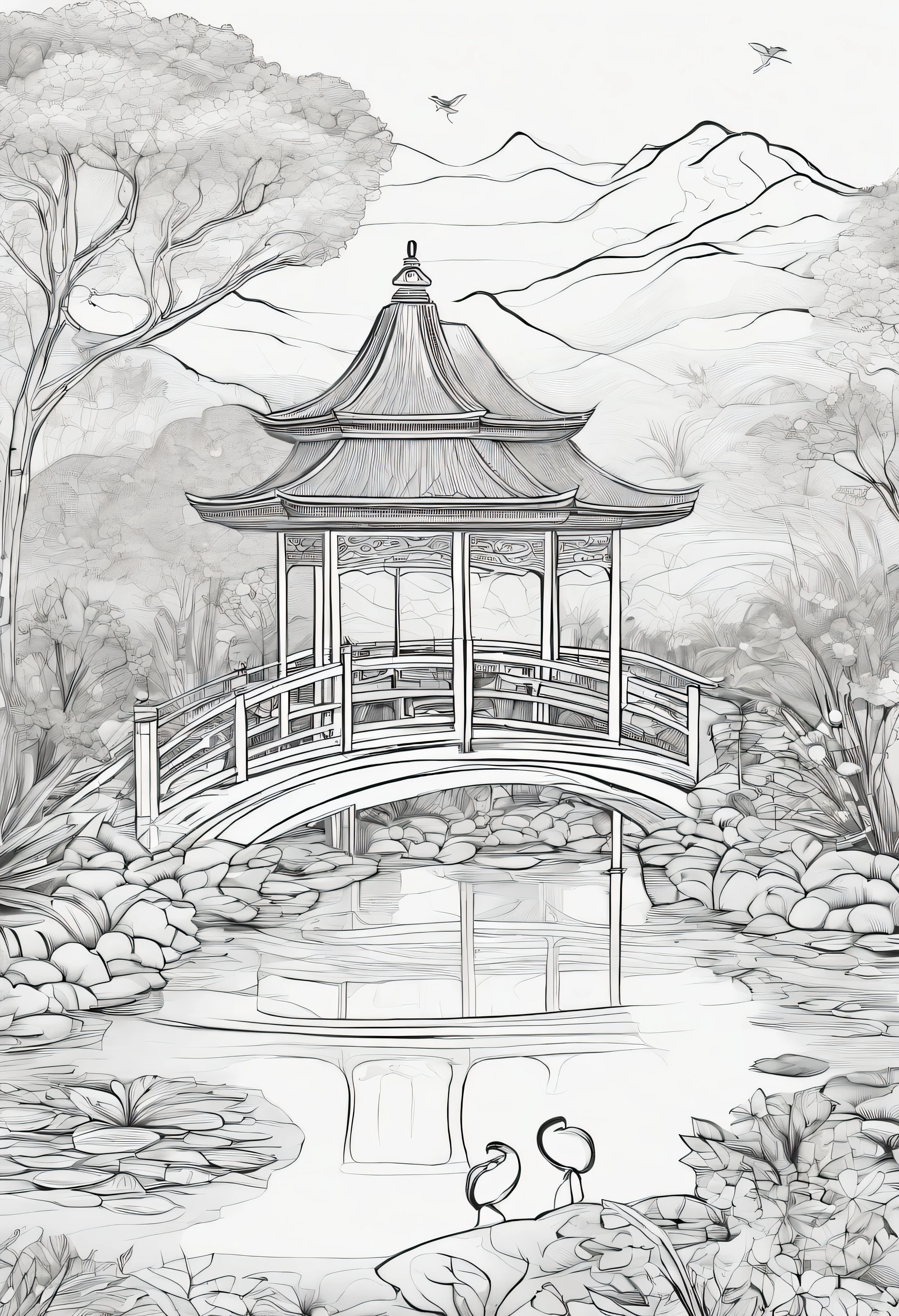 Mistical Zen Garden Retreat: create a peaceful garden with flowers filled with animals playing and a small bridge over water with fish jumping out of the water with gazebo and people tending the garden