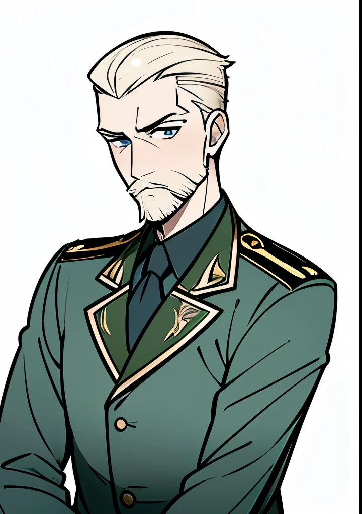 Young Adult male, white and tender skin, pale blonde slicked back combed short hair, kaisermustache, ducktail beard, steel blue eyes, green and slightly mature, serious and emotionless facial expression,wearing world war 2 era german fatigues, portrait style, facing forwards