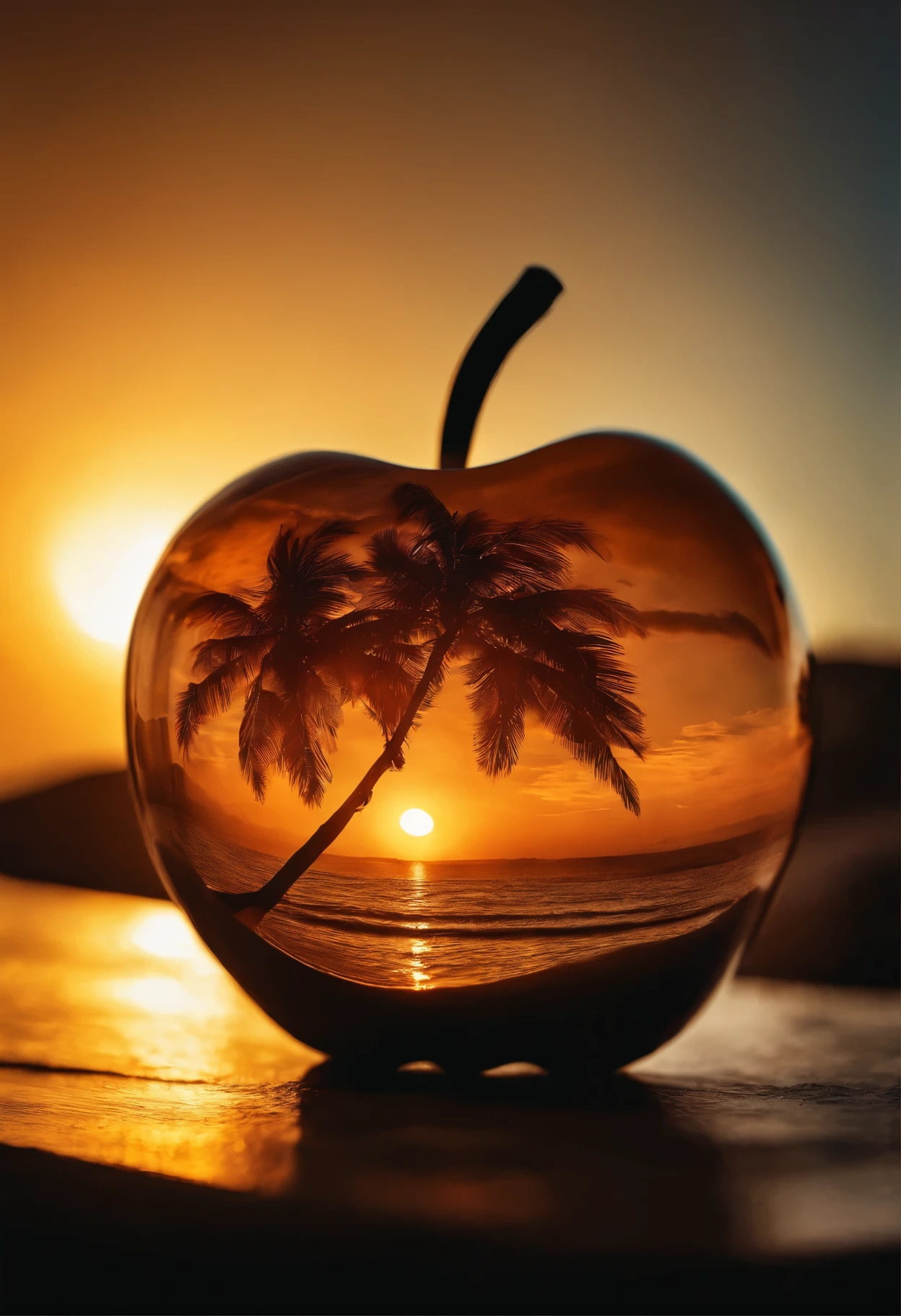 lovely double exposure image by blending together a sunset at the sea and a glass apple. The sea should serve as the underlying backdrop, with its details subtly incorporated into the glossy glass apple, sharp focus, double exposure, glossy glass apple, (translucent glass figure of an apple) (sea inside) lifeless, dead, glass apple, earthy colors, decadence, intricate design, hyper realistic, high definition, extremely detailed, dark softbox image, raytracing, cinematic, HDR, photorealistic (double exposure:1.1)