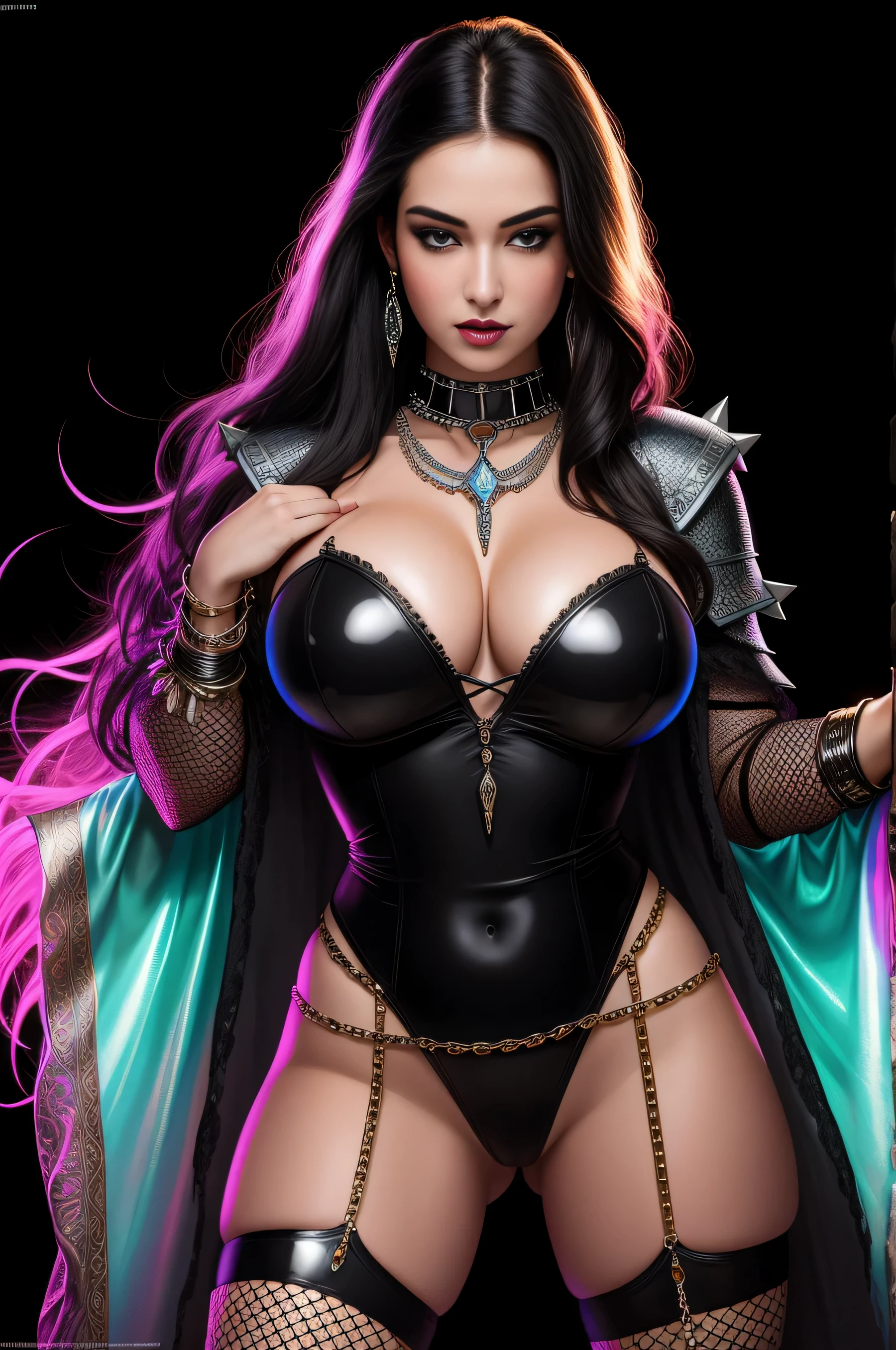 1980s roleplaying game book cover, 3D Neon Art, voluptuous young beautiful female wearing y chainmail armor, fishnet stockings, spiked brassieres and bracelets and necklaces and ripped clothing, hyperdetailed, airbrush, luscious deep multicolored,16k resolution, complex, colorful, meticulous, ethereal,3d render, symmetrical face, iridescent, luss, provocative, peeing, sensuous, gothic, sleazy,uffs, chains, huge breasts, oile spread open legs, slutty, bright neon colors, looking at camera, gigantic breasts, cleavage, (tailed sk 8k uhd, dslr, super lighting, high quality, film grain, high res, highly detailed, hyper realistic, beautiful face, beautiful body, beautiful eyes nose lips, alluring expression, very bold, upper visible, full body photo, standing legs apart, pale translucent glowing skin, most beautiful face, cute, (well defined pubic hair:1.2)), (dark plain black background:1.4))
