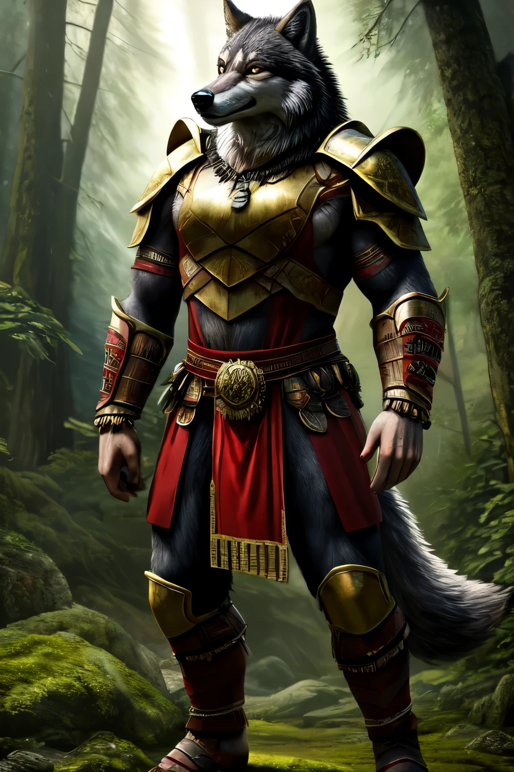 ((best quality)), ((masterpiece)), (detailed), perfect face, wolf, warrior, heroic, presenting, animal genitalia, realistic, 4k, 8k, dog knot, tribal, full body, forest, armor