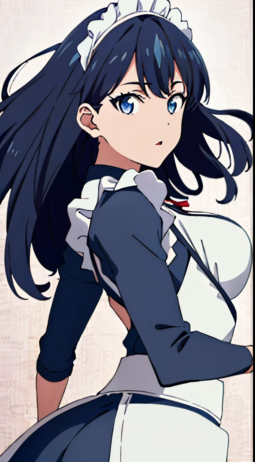 masterpiece, highest quality, High resolution,takarada rikka,anime,1 girl, black hair,blue eyes,(Maid clothes,frills,Both shoulders_exposed,mini skirt,frills,Maid clothes喫茶),stylish pose,looking at the viewer,in the center of the image, (lively_color:1.2) (beautiful_medium breasts:1.2), (beautiful_face:1.3),(slim_waist),(beautiful_butt:1.4),