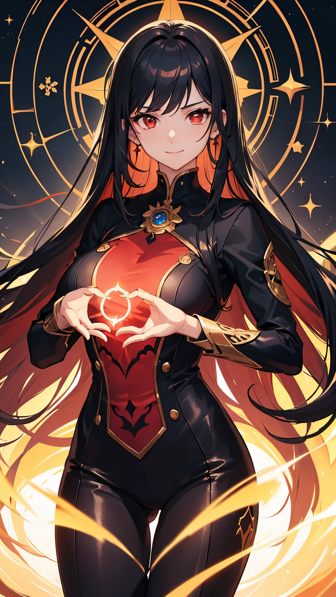 perfect anatomy, masterpiece:1.4, best quality, 8k, beautiful detailed grow, daydreaming expression:1.4, Precise and unmatched illustrations:1.3, break, (((Shoot flares from her hands))) (solo straight black hair long hair femdom cute girl, 17 yo, detailed red eyes, sexy smile), in a red Witch Costume, enchanted hands, in the Magic Circle, background is Magic Circle.