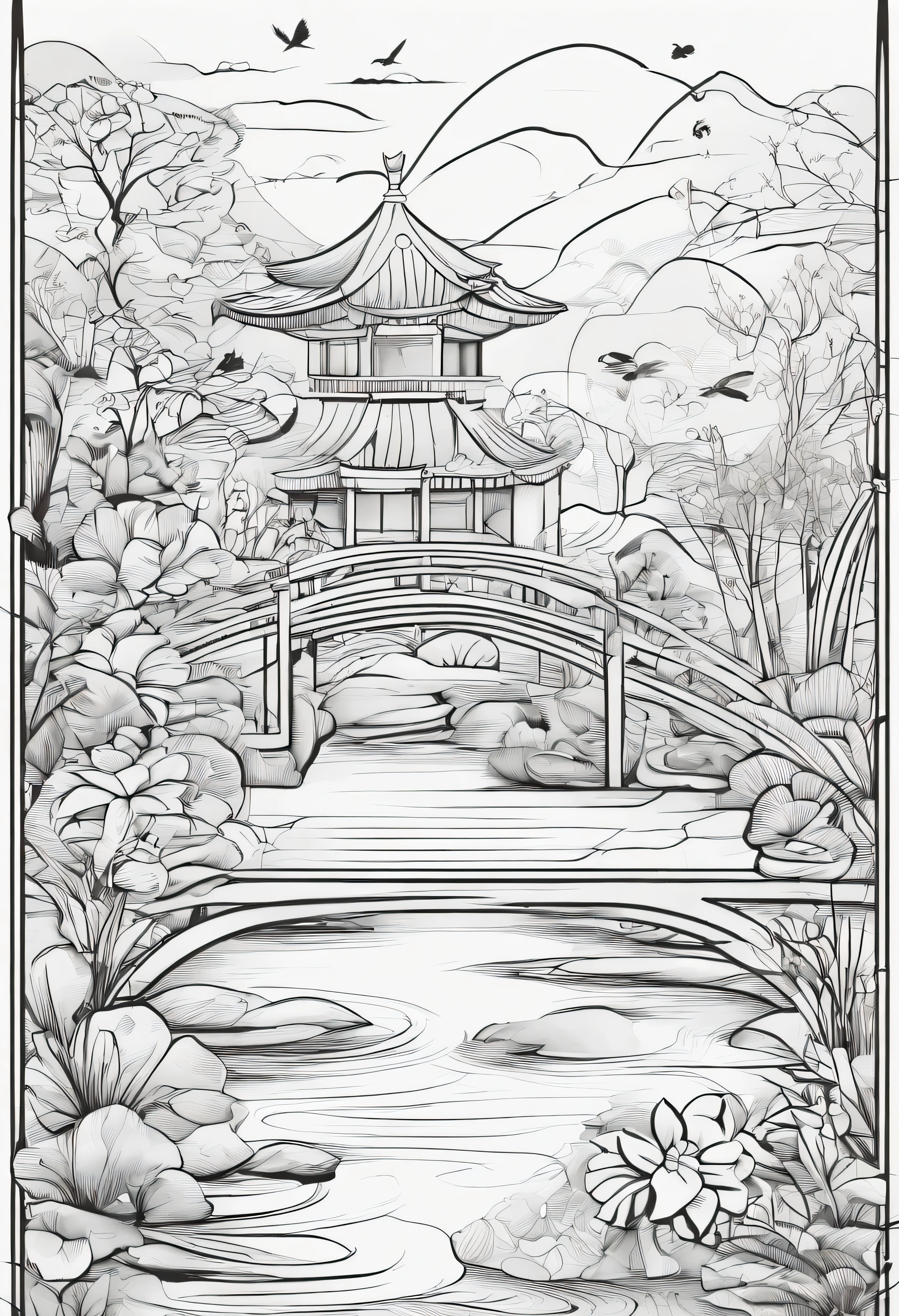 Mistical Zen Garden Retreat: create a peaceful garden with flowers filled with animals playing and a small bridge over water with fish jumping out of the water with gazebo and people tending the garden