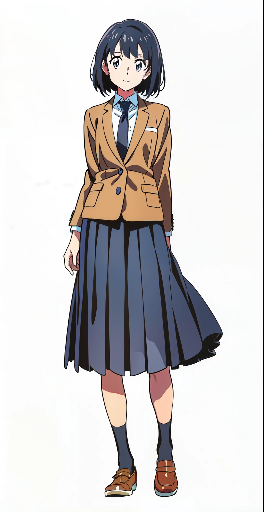 (best quality:1.0), (masterpiece:1.0), (super fine illustration:1.0), (beautiful artwork:1.0), (anime screencap:1.0), (official art:1.0), (tareme:1.5), (cheerful:1.5), (light smile:1.5), (white background:1.0), (best quality:1.0), (masterpiece:1.0), (super fine illustration:1.0), (beautiful artwork:1.0), (anime screencap:1.0), (official art:1.0), (full body:1.0), (solo:1.0), (HSGA:1.0), (a 18yo cute girl:1.0), (long skirt:1.0), (dark blue skirt:1.0), (pleated skirt:1.0), (school uniform beige blazer:1.0), (dark blue necktie:1.0), (loafers:1.0), (black socks:1.0), (ideal ratio body proportions:1.0), (lanky:1.0), (tall:1.0), (slender:1.0), (small breasts:1.0), (smaller face:1.0), (tareme:1.0), (detailed beautiful eyes:1.0), (detailed beautiful face:1.0), (glowing black eyes:1.0), (bob cut hair:1.0), (black hair:1.0), (standing:1.0), (looking at viewer:1.0)