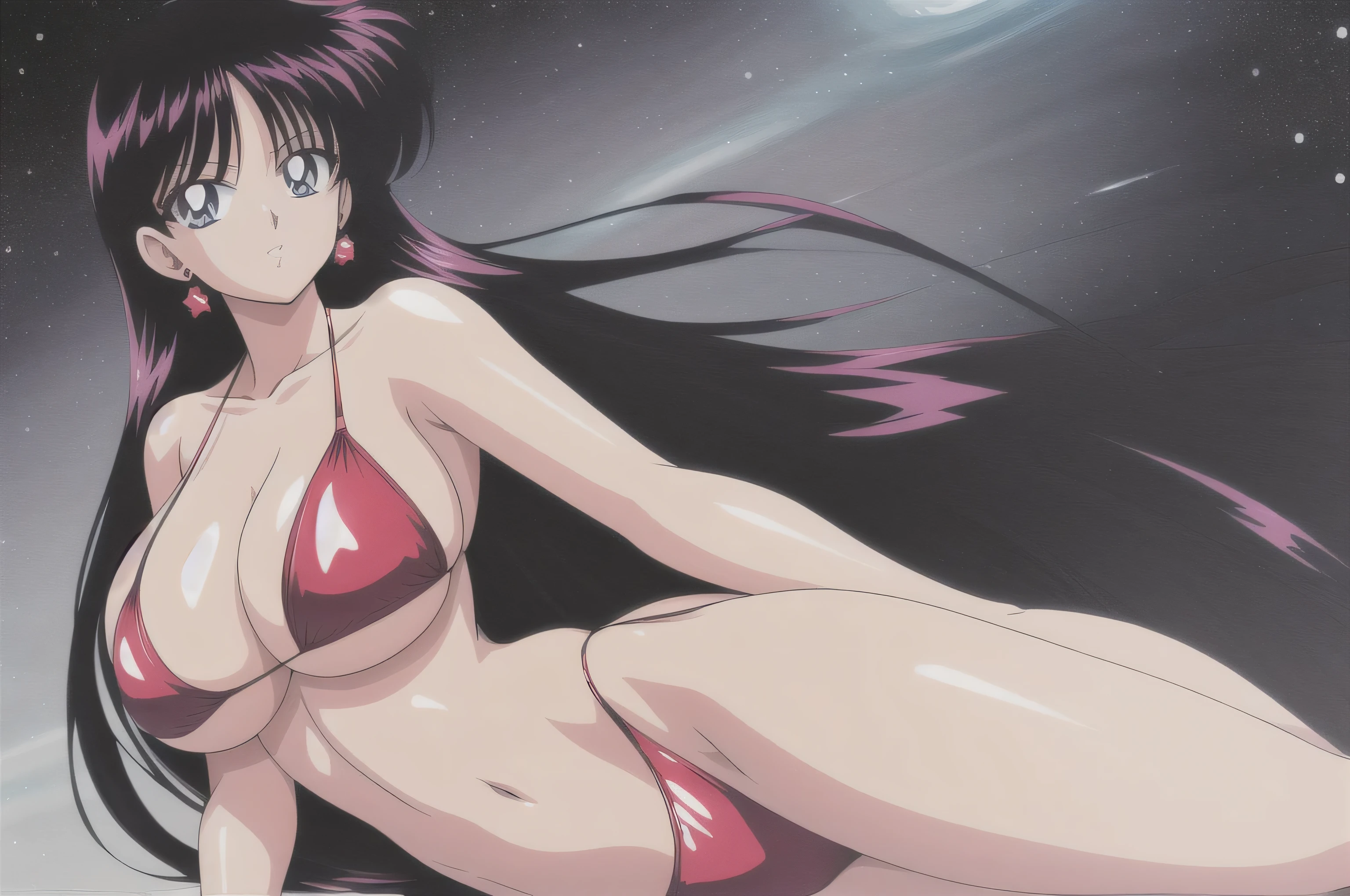 masterpiece, highest quality, detailed face, High resolution, 8K, Anime image quality, hino_rei, Huge_chest:1.5, smooth copper, wide_waist:1.3, Huge_Buttocks, lie down, alone, red color_micro bikini, star null_null, masterpiece, highest quality, detailed face, fine eyes, High resolution, 8K, Anime image quality,