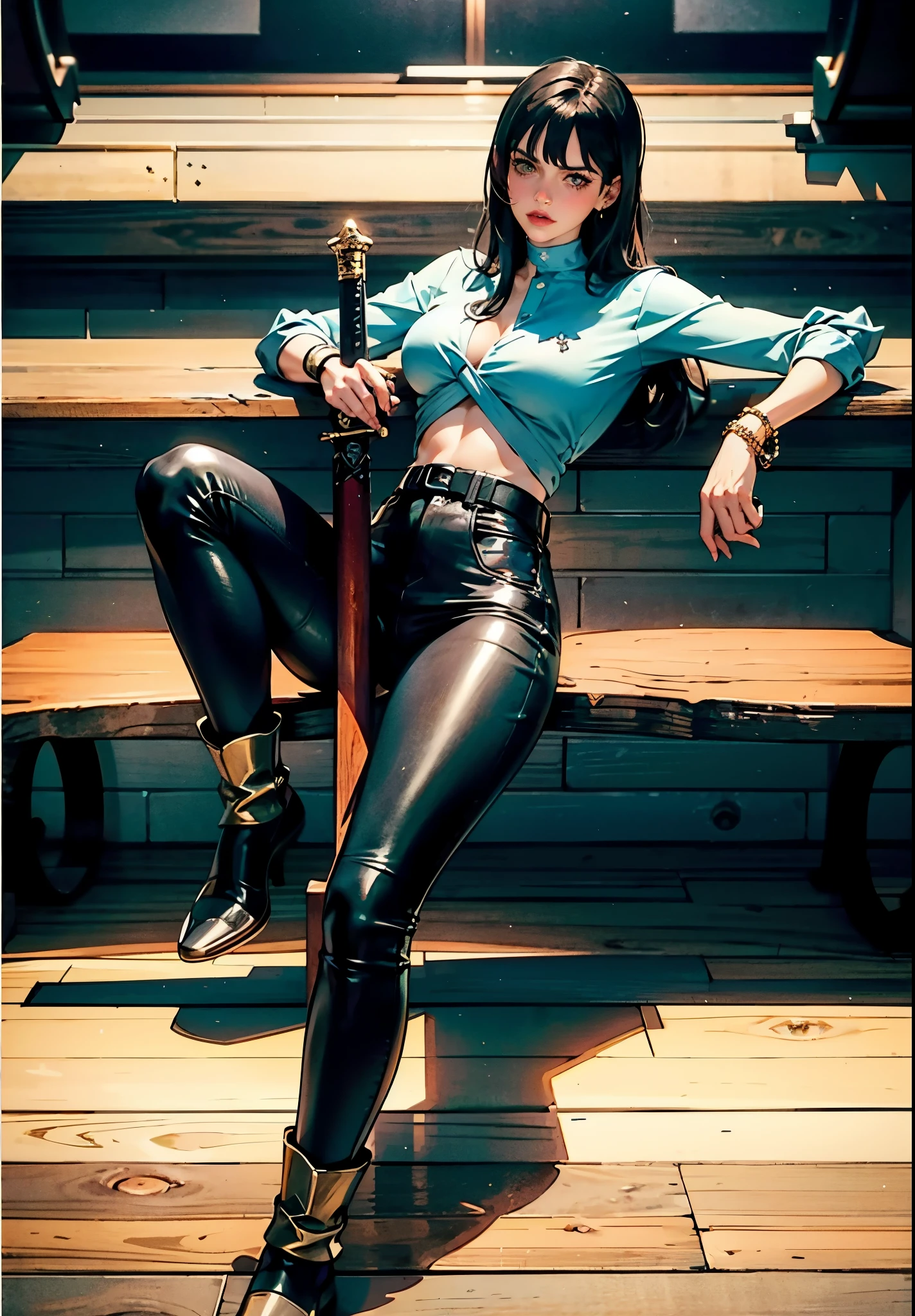 A beautiful woman with long shiny black hair, choppy bangs, a delicate face, a cold proud gaze, a fit figure, a fantasy-style high-necked leather breastplate top, sleeveless, exposes her waist, a bracelet adorns her wrist, tight-fitting leather pants, her right hand holds a longsword with a blue scabbard, she lounges casually sitting, this character embodies a finely crafted fantasy-style bounty hunter in anime style, exquisite and mature manga art style, (Alexandra Daddario:1.2), high definition, best quality, highres, ultra-detailed, ultra-fine painting, extremely delicate, professional, anatomically correct, symmetrical face, extremely detailed eyes and face, high quality eyes, creativity, RAW photo, UHD, 32k, Natural light, cinematic lighting, masterpiece-anatomy-perfect, masterpiece:1.5