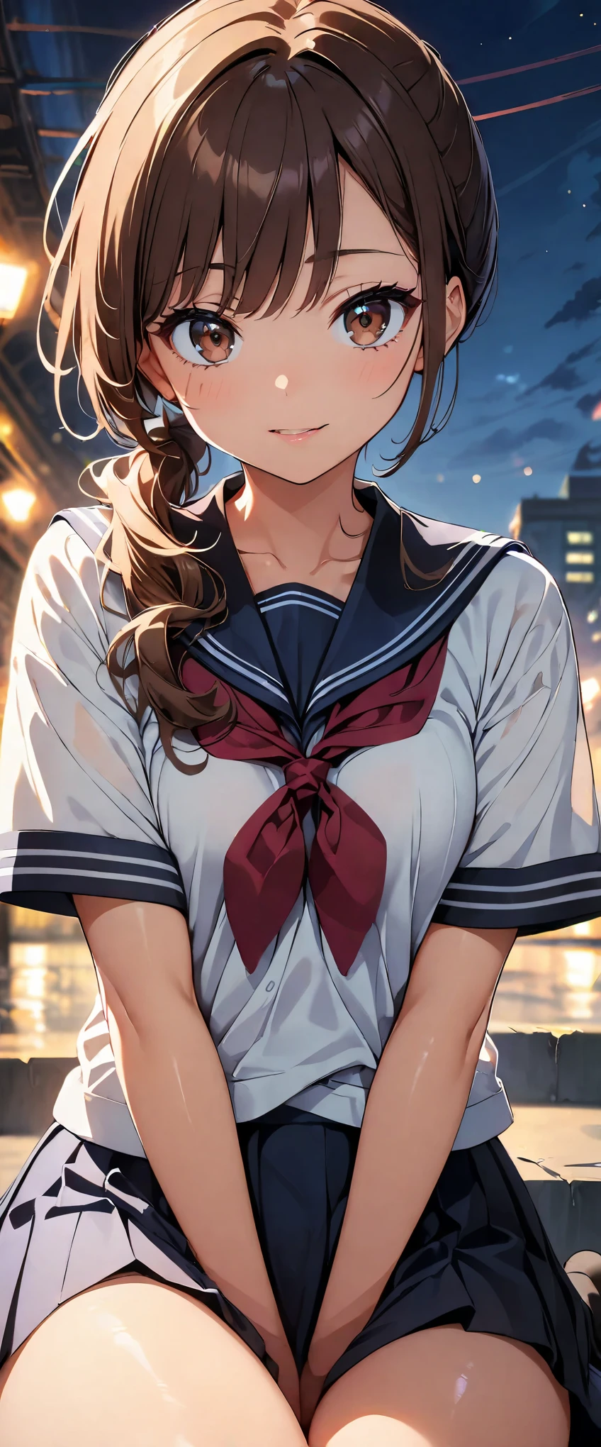 (highest quality, 4k, High resolution, masterpiece:1.2), Super detailed, (anime, animeスタイル:1.37), cinematic light, Bright colors and mesmerizing effects, Soft and delicate lighting, gentle shine, Lens flare, The whole scene has a beautiful and gentle atmosphere., 1 female, jk, (brown hair, ponytail, reddish brown eyes), happy expression, (Super detailedな顔, Detail of very soft lips, fine eyes, double eyelid, kneel down:1.5, black socks, Hands in the crotch, cowboy shot, sailor suit, shiny skin, perfect fingers, five fingers, anatomically correct, background bokeh, 135㎜, f/2.8, photo shoot,