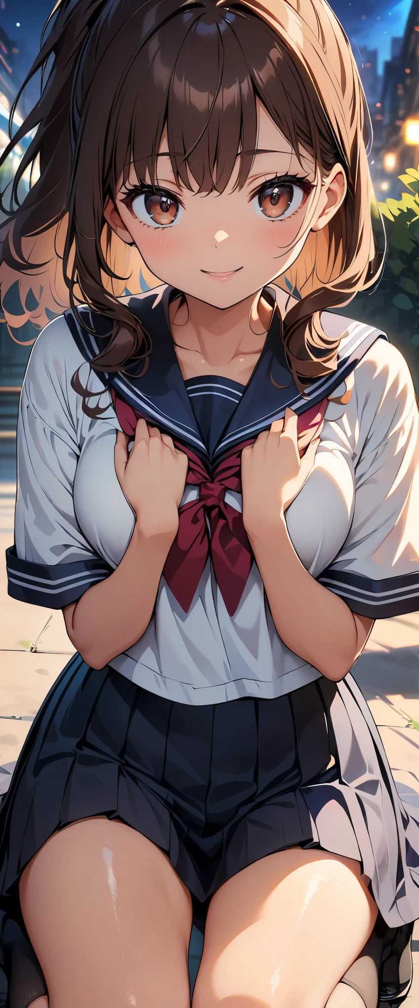 (highest quality, 4k, High resolution, masterpiece:1.2), Super detailed, (anime, animeスタイル:1.37), cinematic light, Bright colors and mesmerizing effects, Soft and delicate lighting, gentle shine, Lens flare, The whole scene has a beautiful and gentle atmosphere., 1 female, jk, (brown hair, ponytail, reddish brown eyes), happy expression, (Super detailedな顔, Detail of very soft lips, fine eyes, double eyelid, Kneeling:1.5, black socks, Hands touching your chest, cowboy shot, sailor suit, shiny skin, perfect fingers, five fingers, anatomically correct, background bokeh, 135㎜, f/2.8, photo shoot,