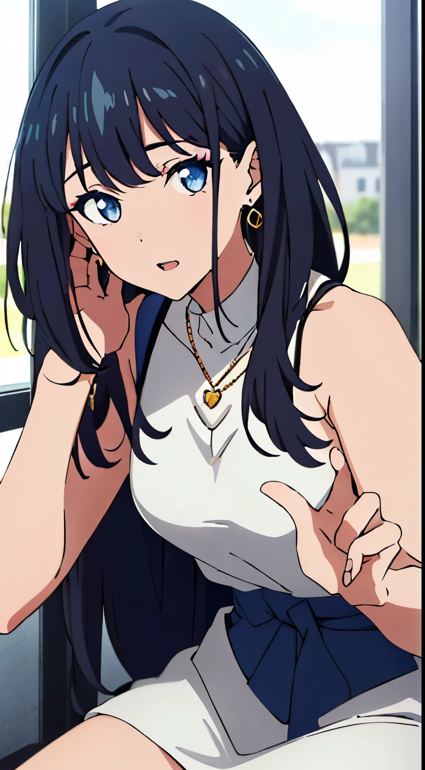 masterpiece, highest quality, High resolution,takarada rikka,anime,1 girl, black hair,blue eyes,(cabaret club,dress,Makeup,earrings,necklace,),stylish pose,looking at the viewer,in the center of the image, (lively_color:1.2) (beautiful_medium breasts:1.3), (beautiful_face:1.4),(slim_waist),(beautiful_thighs:1.1),
