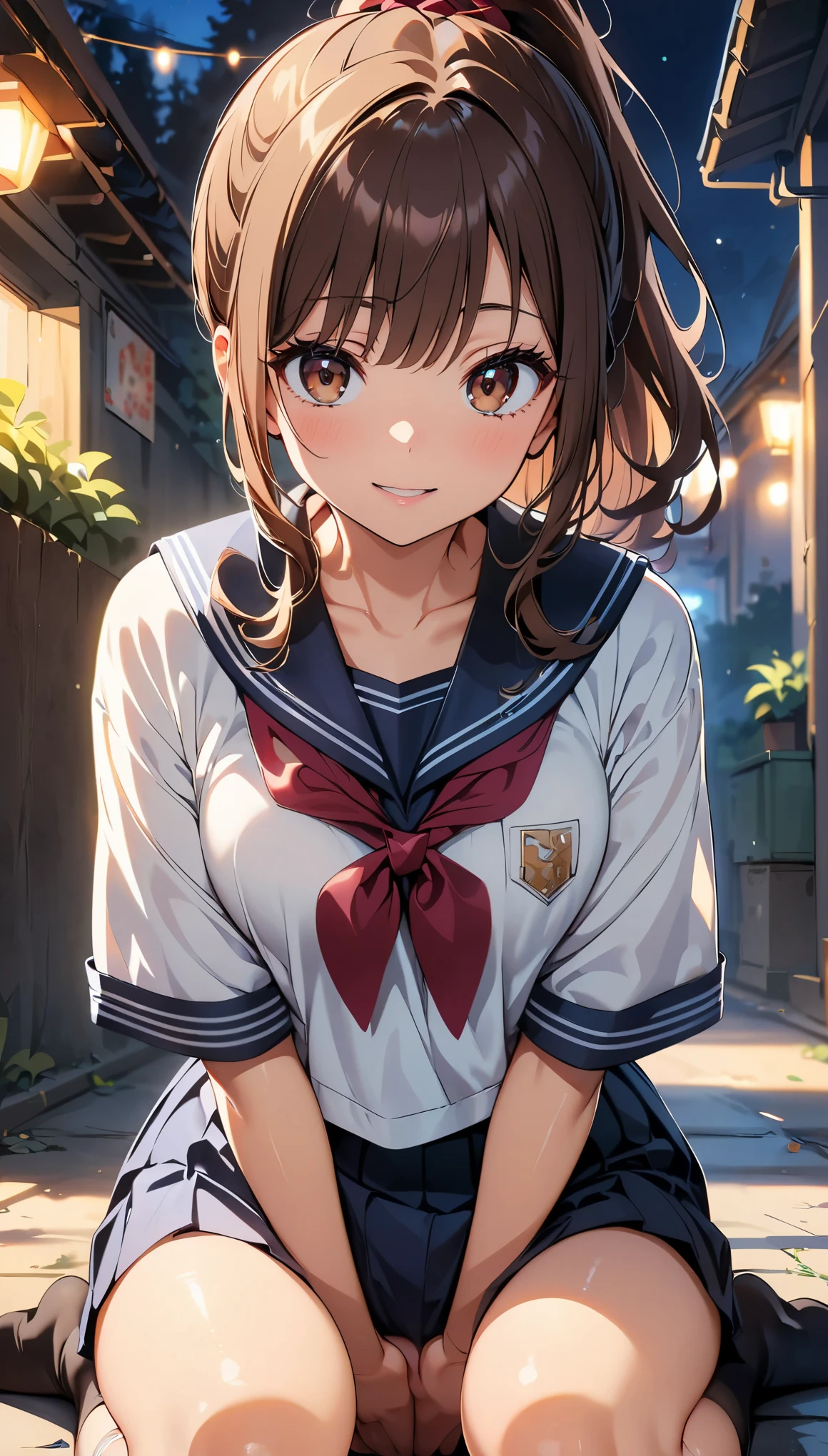 (highest quality, 4k, High resolution, masterpiece:1.2), Super detailed, (anime, animeスタイル:1.37), cinematic light, Bright colors and mesmerizing effects, Soft and delicate lighting, gentle shine, Lens flare, The whole scene has a beautiful and gentle atmosphere., 1 female, jk, (brown hair, ponytail, reddish brown eyes), happy expression, (Super detailedな顔, Detail of very soft lips, fine eyes, double eyelid, kneel down:1.5, black socks, Hands in the crotch, cowboy shot, sailor suit, shiny skin, perfect fingers, five fingers, anatomically correct, background bokeh, 135㎜, f/2.8, photo shoot,