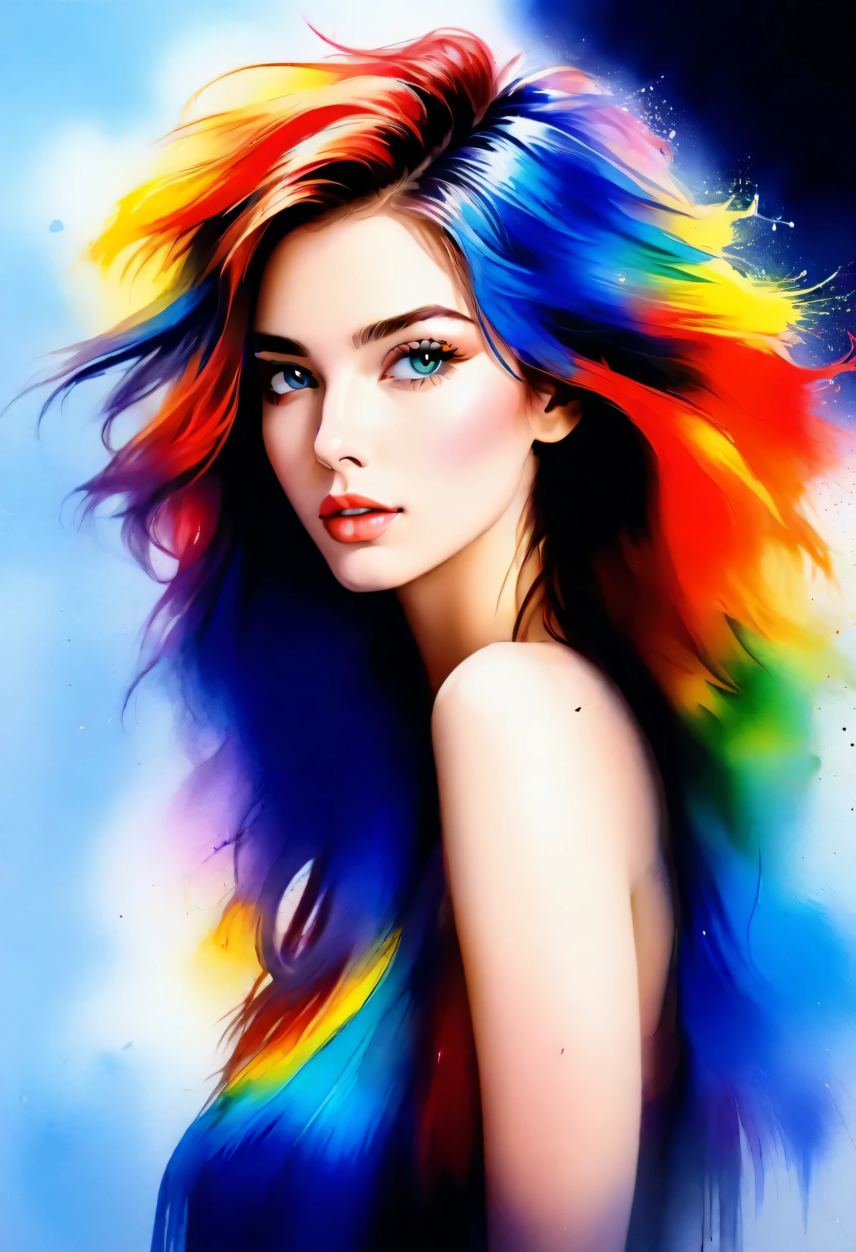 Colorful beautiful woman, a woman 18-years old, multiple color messy hair, watercolor, nice perfect face, multiple colors, intricate detail, splash screen, 8k resolution, masterpiece, cute face,art station digital painting smooth veryBlack ink flow, 8k resolution photorealistic masterpiece, intricately detailed fluid gouache painting, calligraphy, acrylic, watercolor art, professional photography, natural lighting, volumetric lighting maximalist, complex, elegant, expansive, fantastical,dfdd,Xxmix_Catecat,dripping paint,, best quality,realistic,masterpiece,photography,RAW photo,highres,(absurdres:1.2),Kodak Protre 400,film grain,lens flare,