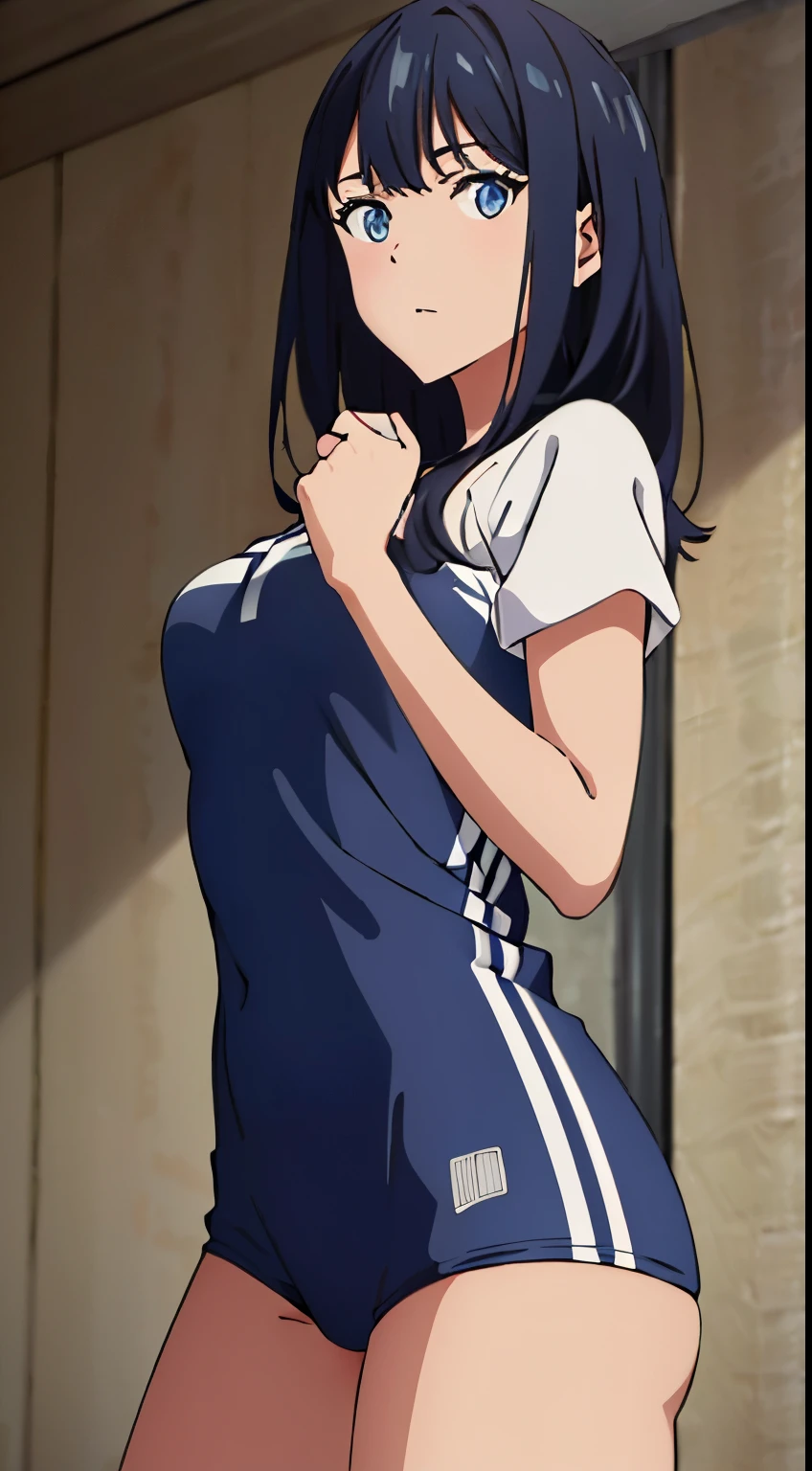 masterpiece, highest quality, High resolution,takarada rikka,anime,1 girl, black hair,blue eyes,(volleyball wear,gym),stylish pose,looking at the viewer,in the center of the image, (lively_color:1.2) (beautiful_medium breasts:1.3), (beautiful_face:1.4),(slim_waist),(beautiful_thighs:1.1),