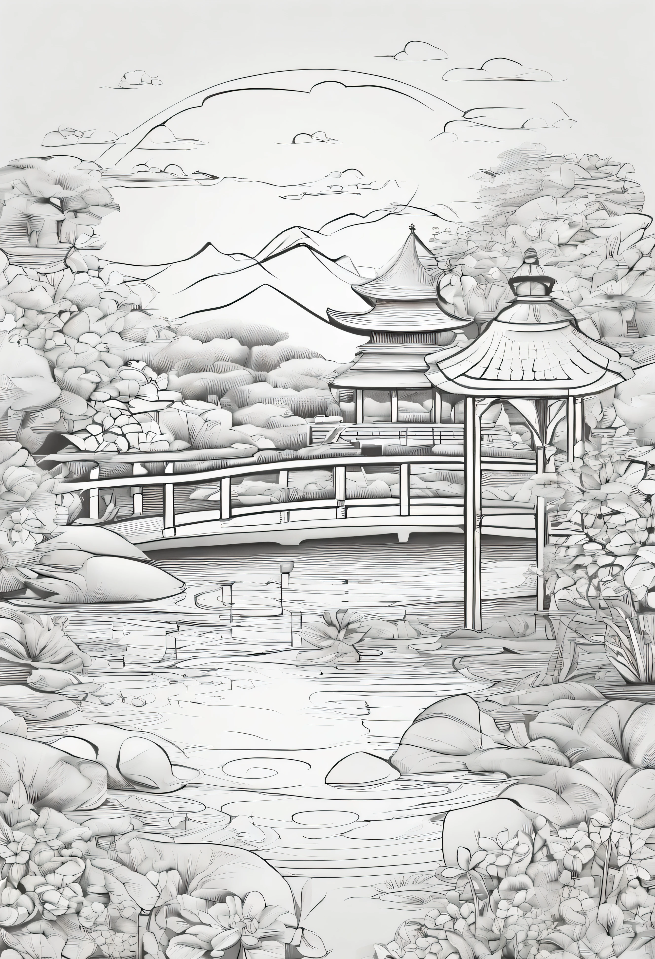 Mistical Zen Garden Retreat: create a peaceful garden with flowers filled with animals playing and a small bridge over water with fish jumping out of the water with gazebo and people tending the garden
