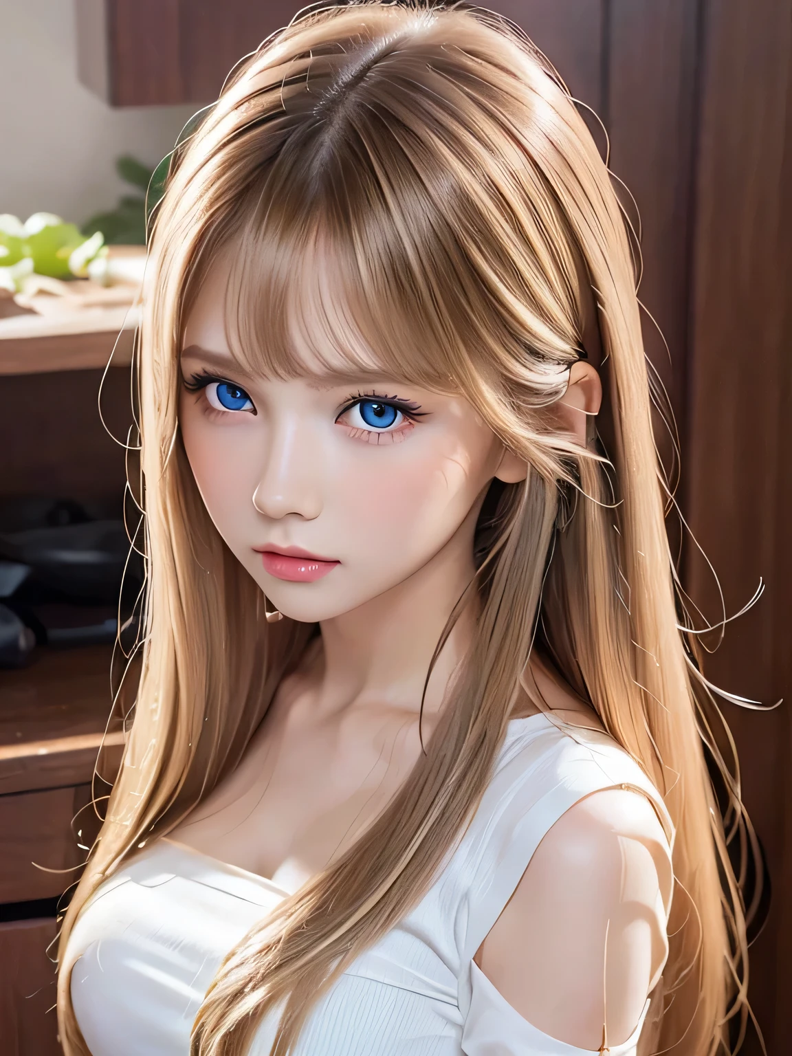 unparalleled beauty, Glossy firmness and glossy skin, bangs between eyes, Gorgeous straight beautiful dazzling golden platinum blonde, super long straight silky hair, eyeliner, Sexy beautiful innocent 14 years old, High resolution big beautiful bright blue eyes, beautiful and nice girl, baby face, short sleeve shirt