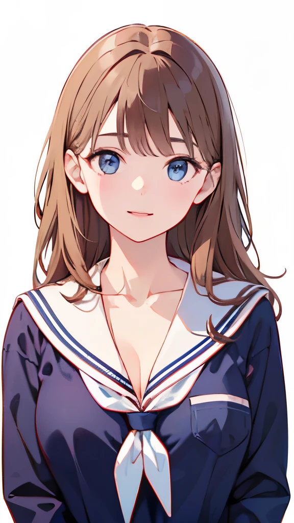 (highest quality, 8K, 32k, masterpiece, nffsw:1.2), (RAW photo), (realistic), (Photoreal:1.2), (High resolution), Super detailedな, very beautiful face and eyes, 1 girl, round and small face, big breasts thin waist、(((small breasts)))、(((white wall background)))、slim proportions, (school uniform, sailor suit、白いsailor suit, dark blue pleated skirt:1.23), (bust shot)、(((redhead)))、((半袖sailor suit))、(Close-up、highest quality、high detail、Rich skin details、nffsw)、(highest quality, 8K, table top:1.2), Super detailed, (realistic, realistic:1.37), (((full body shot)))、Bright colors, (((Hold your hands)))、(((sexy atmosphere)))、(((20 year old woman)))、((Bust isDcup))、(((light brown hair)))、(((white background)))、(((cleavage)))、(((girly hairstyle)))、(((long hair)))、(((in front of a white wall)))、(((light brown hair)))、(((I put my hand on my cheek)))、(((he has an evil smile on his face)))、(((The girth of the chest is 85 cm)))、(((small breasts mischievous expression)))、smile