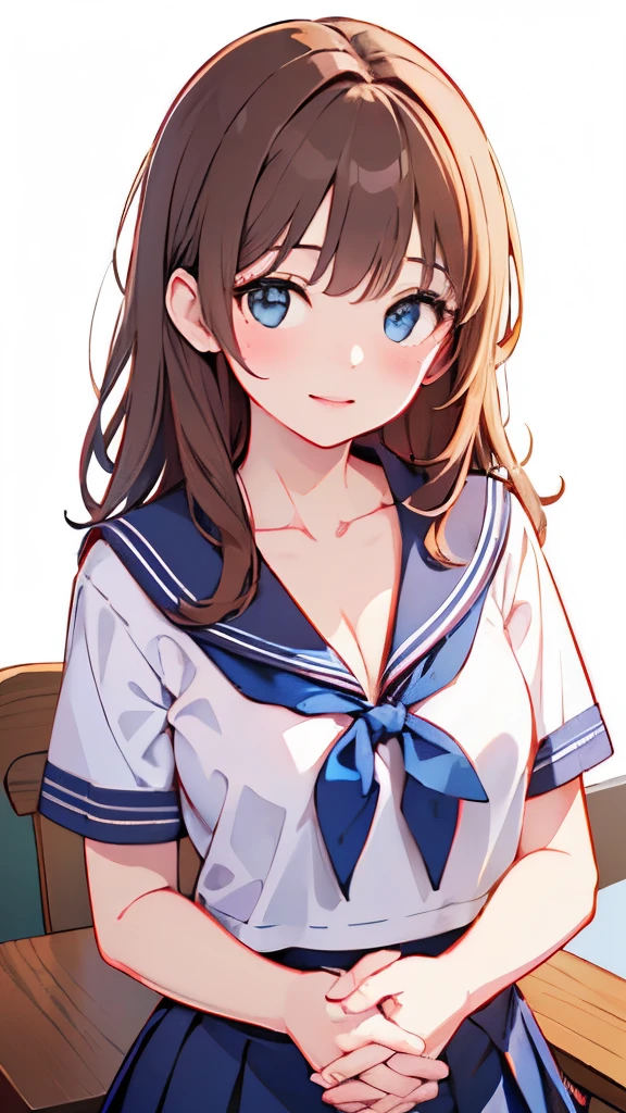 (highest quality, 8K, 32k, masterpiece, nffsw:1.2), (RAW photo), (realistic), (Photoreal:1.2), (High resolution), Super detailedな, very beautiful face and eyes, 1 girl, round and small face, big breasts thin waist、(((small breasts)))、(((white wall background)))、slim proportions, (school uniform, sailor suit、白いsailor suit, dark blue pleated skirt:1.23), (bust shot)、(((redhead)))、((半袖sailor suit))、(Close-up、highest quality、high detail、Rich skin details、nffsw)、(highest quality, 8K, table top:1.2), Super detailed, (realistic, realistic:1.37), (((full body shot)))、Bright colors, (((Hold your hands)))、(((sexy atmosphere)))、(((20 year old woman)))、((Bust isDcup))、(((light brown hair)))、(((white background)))、(((cleavage)))、(((girly hairstyle)))、(((long hair)))、(((in front of a white wall)))、(((light brown hair)))、(((I put my hand on my cheek)))、(((he has an evil smile on his face)))、(((The girth of the chest is 85 cm)))、(((small breasts mischievous expression)))、smile