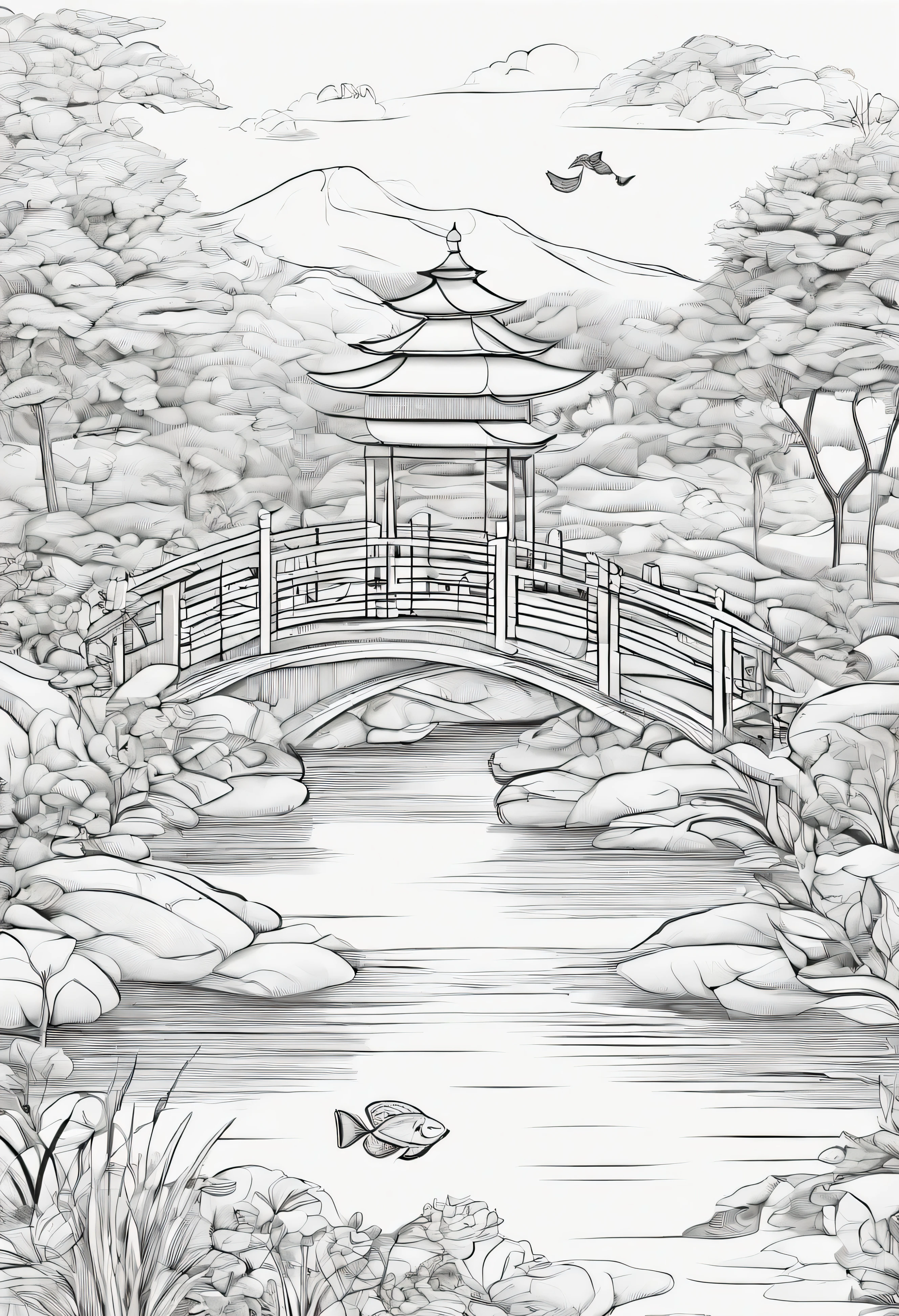 Mistical Zen Garden Retreat: create a peaceful garden with flowers filled with animals playing and a small bridge over water with fish jumping out of the water with gazebo and people tending the garden