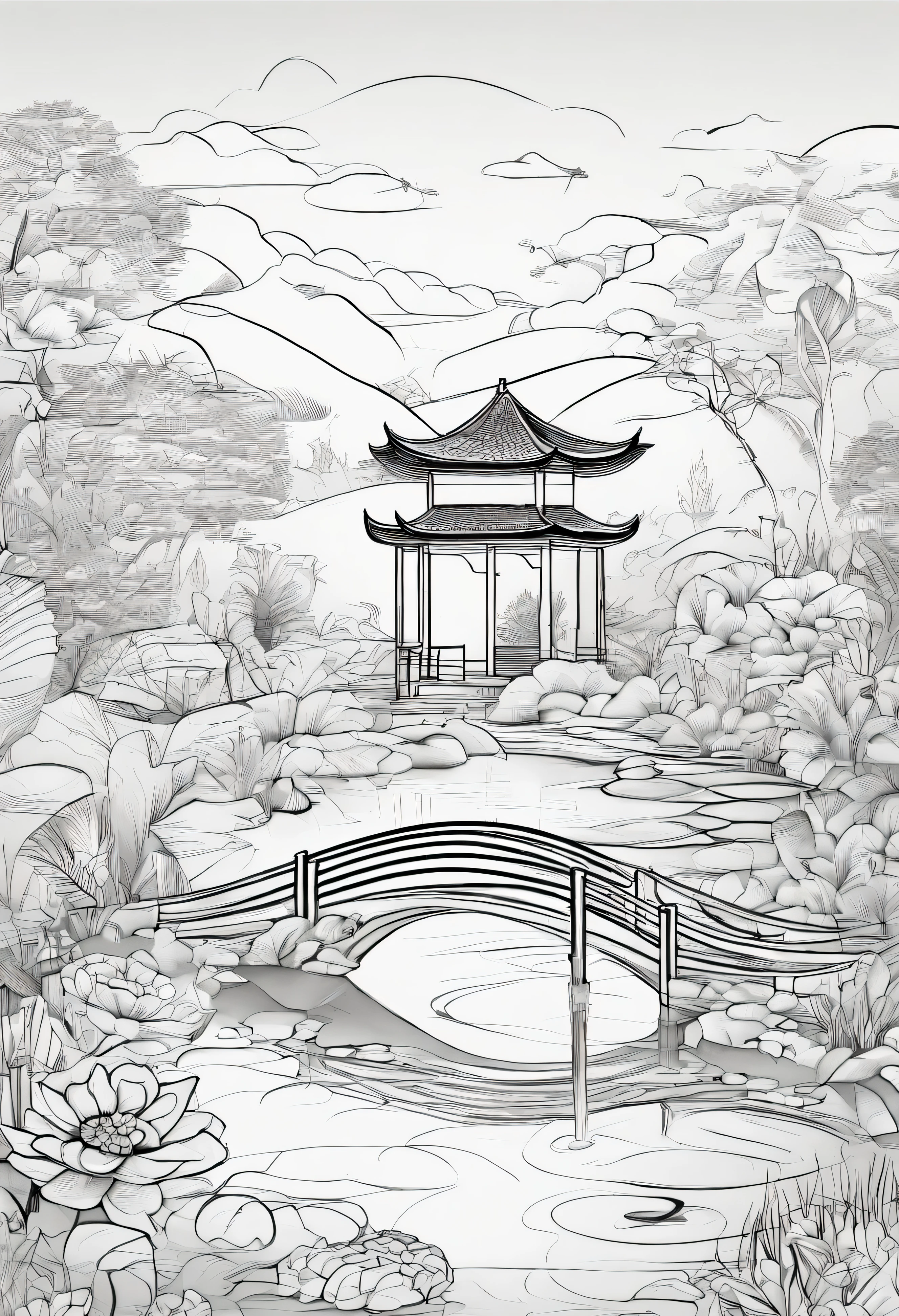 Mistical Zen Garden Retreat: create a peaceful garden with flowers filled with animals playing and a small bridge over water with fish jumping out of the water with gazebo and people tending the garden