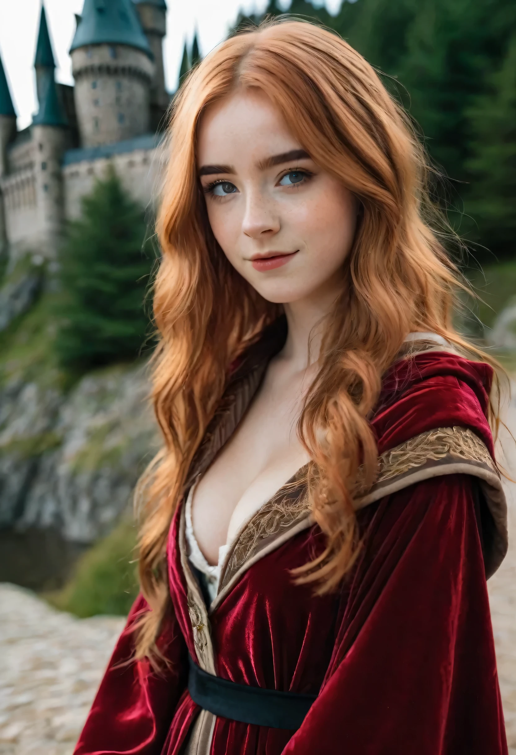 ((best quality)), ((detailed)), (masterpiece), 8k RAW PHOTO, phone photo, ((cute face, perfect face, slight smile, young 18 years old girl, skinny legs, skinny thighs,medium size breast, skinny waist:1.1)), ((red hair), (freckles:0.9), greeneyes, long straight red hair), harry potter cosplay, wizard brown robe, robe, wand, old castle