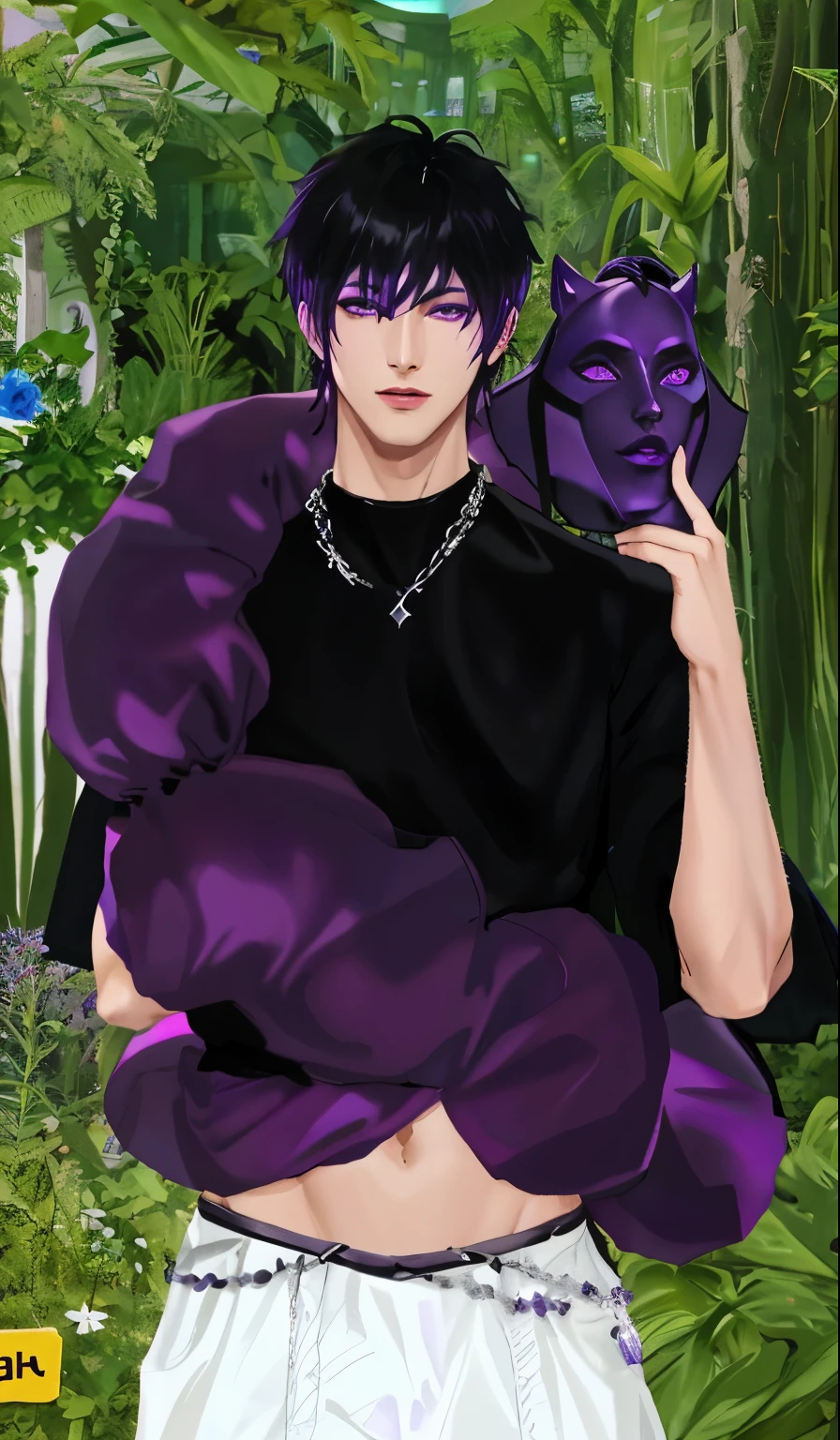 arafed male in a black shirt holding a purple mask, second life avatar, purple skin, dark purple skin, smooth purple skin, imvu, violet skin, upper body avatar, in dark purple robes, full body close-up shot, digital art but photo, virtual self, dark purple hair and cybernetics, inspired by Aleksander Gine