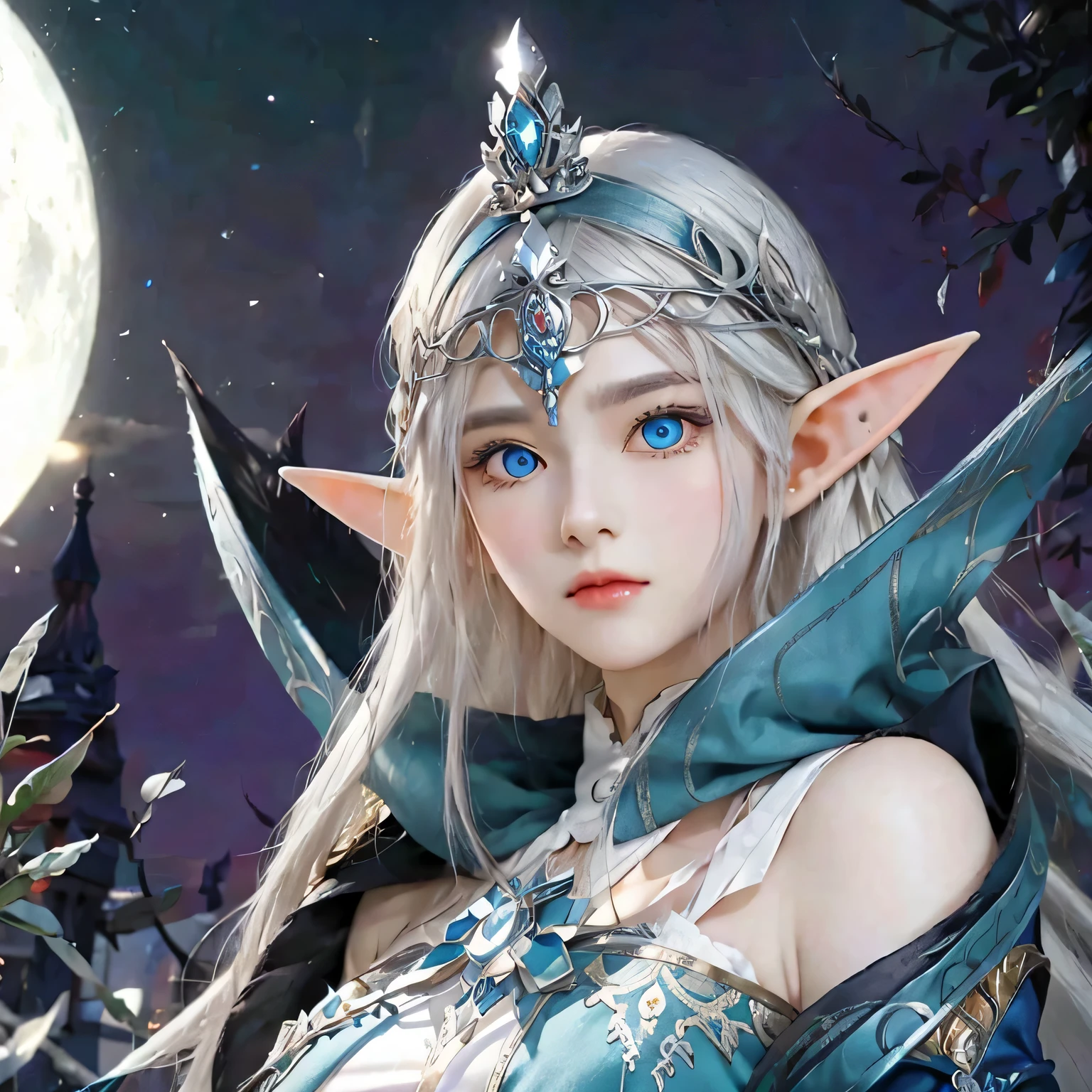 Long white hair, tiara headband , elf ear, blue eye shining