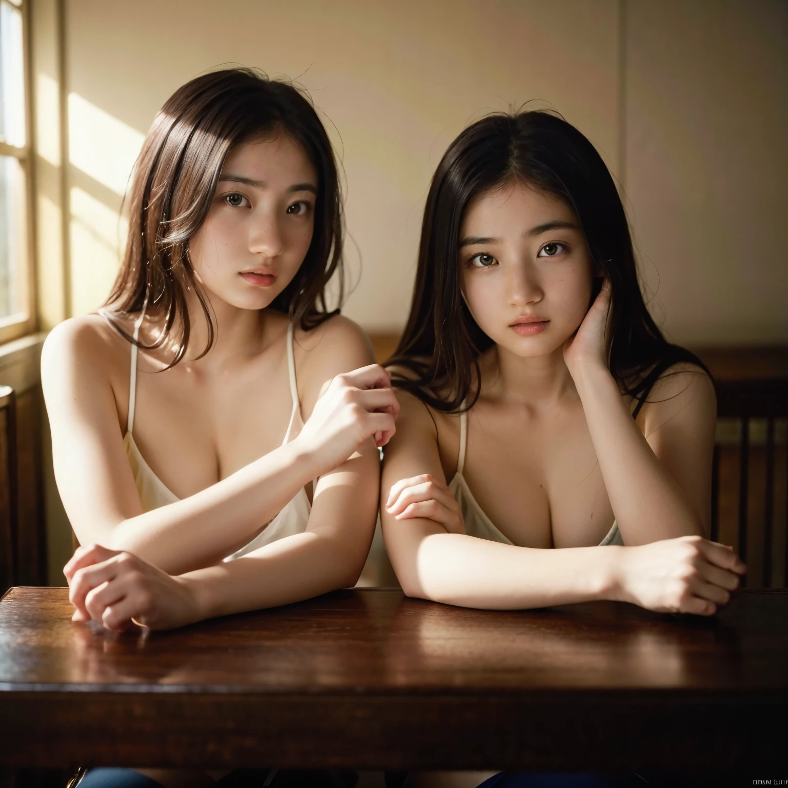 (table top, highest quality, beautiful quality), (realistic:1.4), (detailed lighting, highly detailed skin, very fine hair, shadowy, 8K,  with baby face、Idwin sisters of girls:1.2), looking at the viewer, (high key lighting), highest quality, official art, unity 8K wallpaper, 超A high resolution, Hold me close、lesbian、like、Super detailed, beautiful and aesthetic