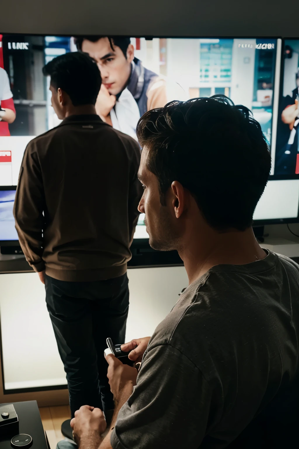 image of a man clicking on the control with the television in the background