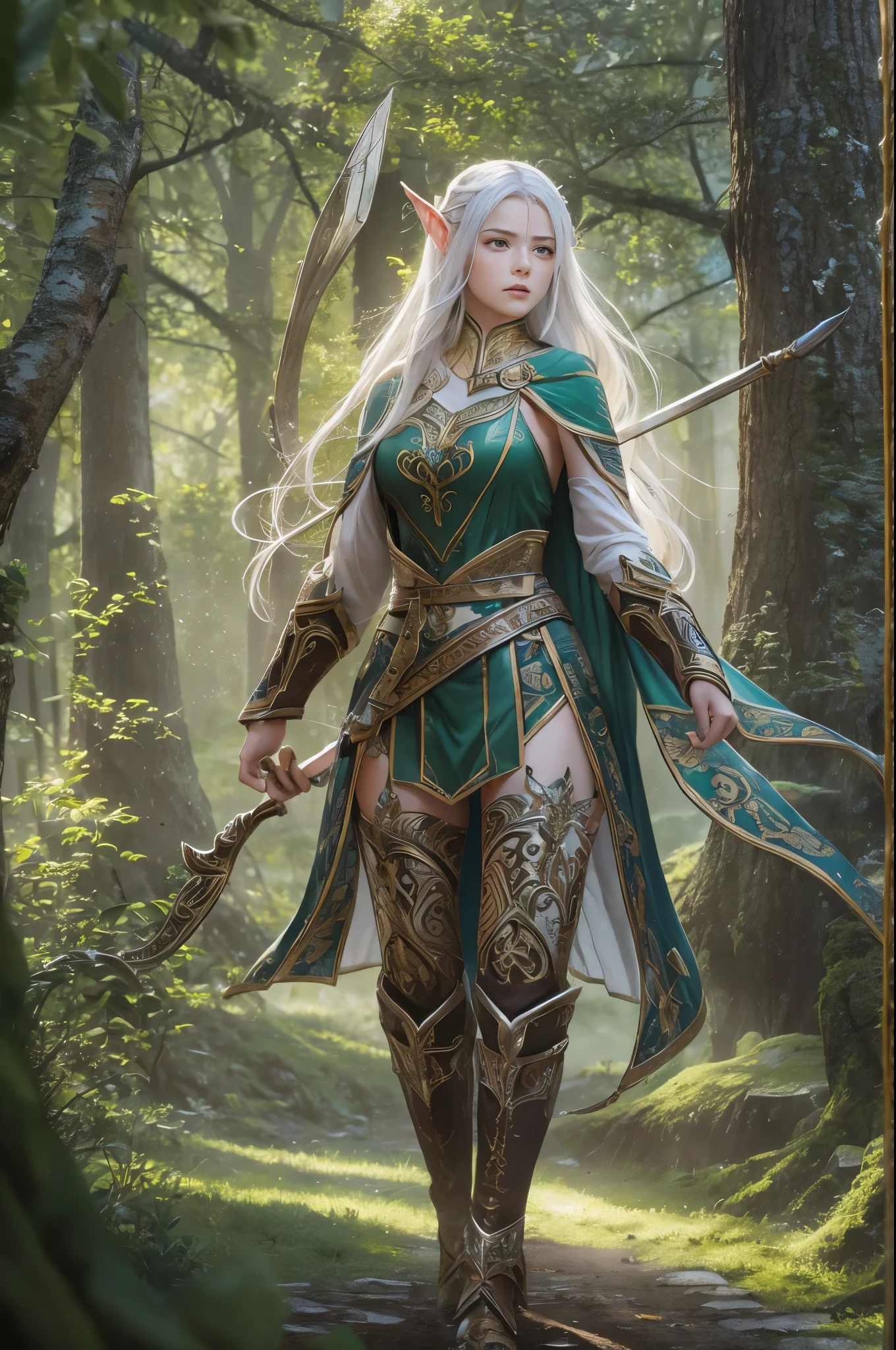 master piece), 8k, best quality, full body panoramic view, Elf, young, 17 years old With slightly flushed white skin, her long silver hair, green eyes, slim and athletic body, a height of 1.68 meters, which gave her a natural elegance, Detailed warrior outfit, walking in the enchanted forest, holding a war bow with rune writing, happy, walking,