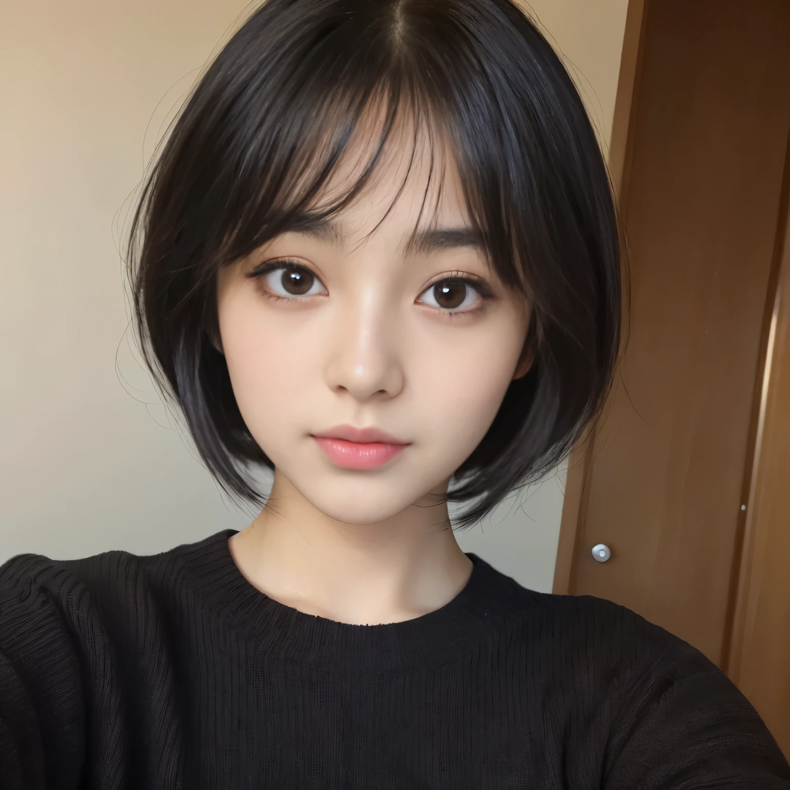 ((Best-quality, Masterpiece, Ultra-High-Resolution, (Photorealistic:1.5), Raw-Photo, Extremely-Details, Perfect-Anatomy)), 1girls, 18-years-old, the most popular Japanese idol, (((((extremely cute face like a most famous Japanese idol, extremely beautiful big-black-solid-eyes, extremely beautiful black-short-cut-haired))))), extremely beautiful lips, extremely beautiful long-eyelashes, (extremely beautiful realistic-skins, wearing only loose-sweater, portrait, selfie