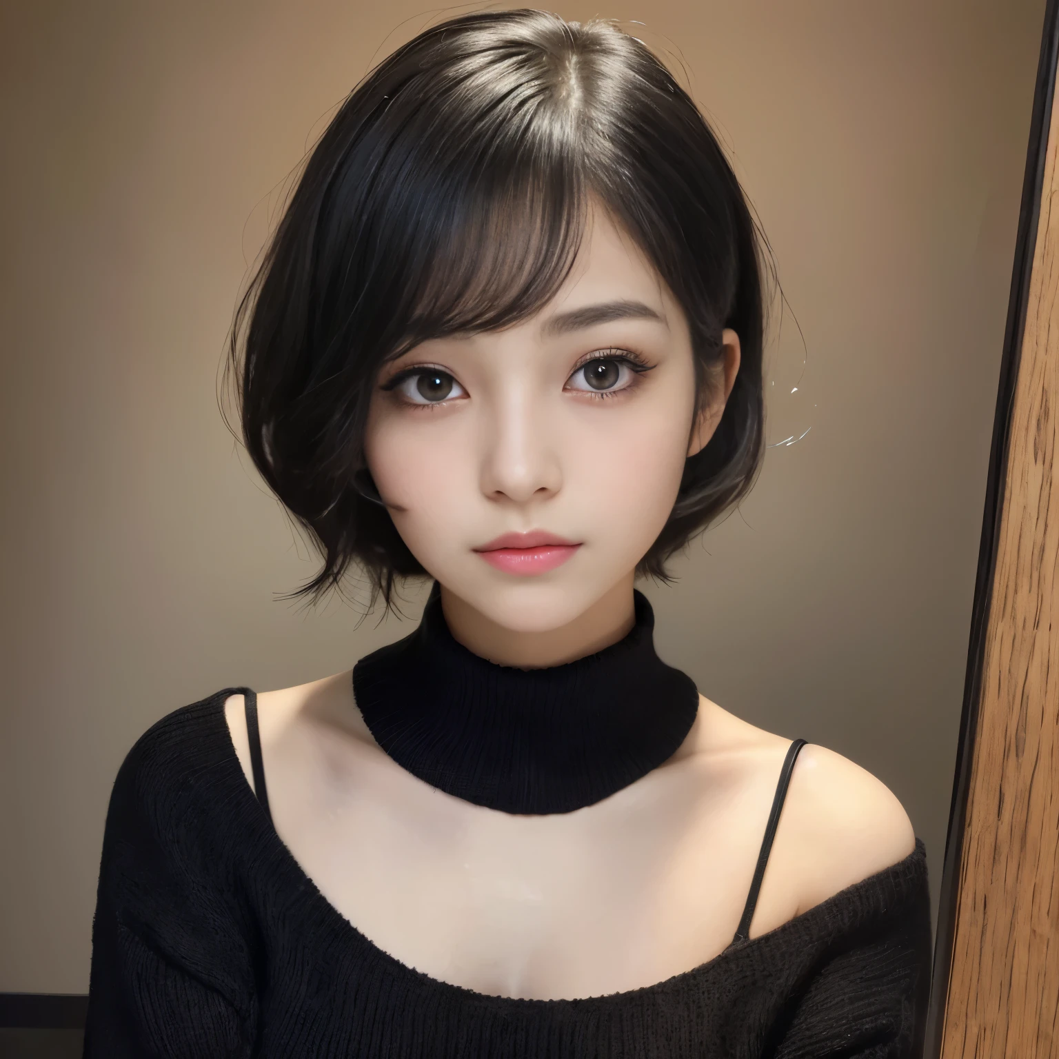 ((Best-quality, Masterpiece, Ultra-High-Resolution, (Photorealistic:1.5), Raw-Photo, Extremely-Details, Perfect-Anatomy)), 1girls, 18-years-old, the most popular Japanese idol, (((((extremely cute face like a most famous Japanese idol, extremely beautiful big-black-solid-eyes, extremely beautiful black-short-cut-haired))))), extremely beautiful lips, extremely beautiful long-eyelashes, (extremely beautiful realistic-skins, wearing only loose-sweater, portrait, selfie