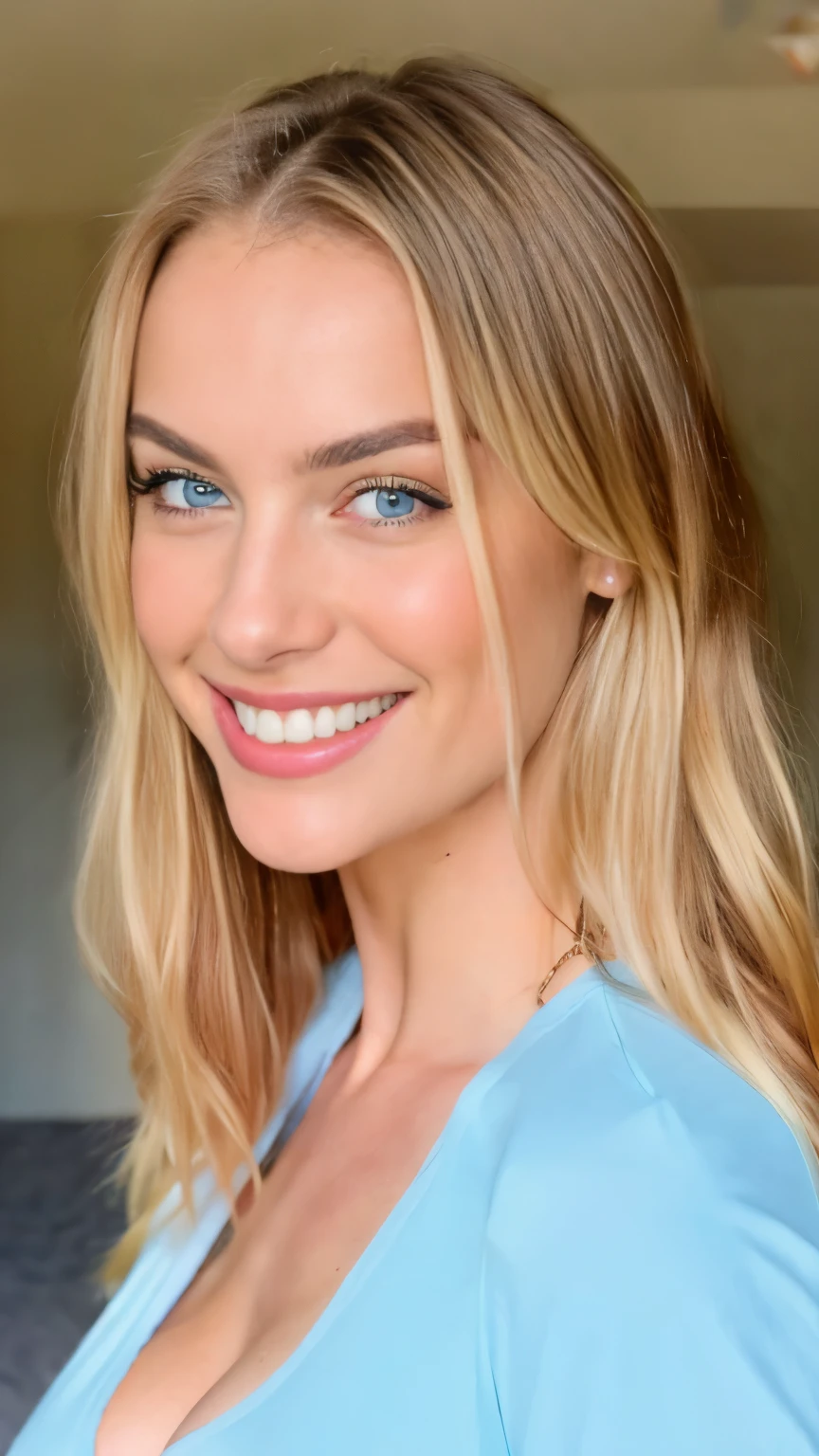8k, photo realistic, ultra high definition, professional, realistic, beautiful blonde woman, long blonde hair, big light blue eyes, perfect teeth, smiling, beautiful white teeth, full body potrait, close up of the face, front view, big breast, pink shirt with cleavage, fit body