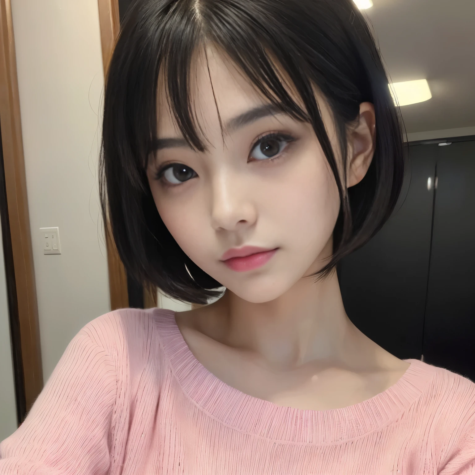 ((Best-quality, Masterpiece, Ultra-High-Resolution, (Photorealistic:1.6), Raw-Photo, Extremely-Details, Perfect-Anatomy)), 1girls, 18-years-old, the most popular Japanese idol, (((((extremely cute face like a most famous Japanese idol, extremely beautiful big-black-solid-eyes, extremely beautiful black-short-cut-haired))))), extremely beautiful lips, extremely beautiful long-eyelashes, (extremely beautiful realistic-skins, wearing only light-pink loose-sweater, selfie