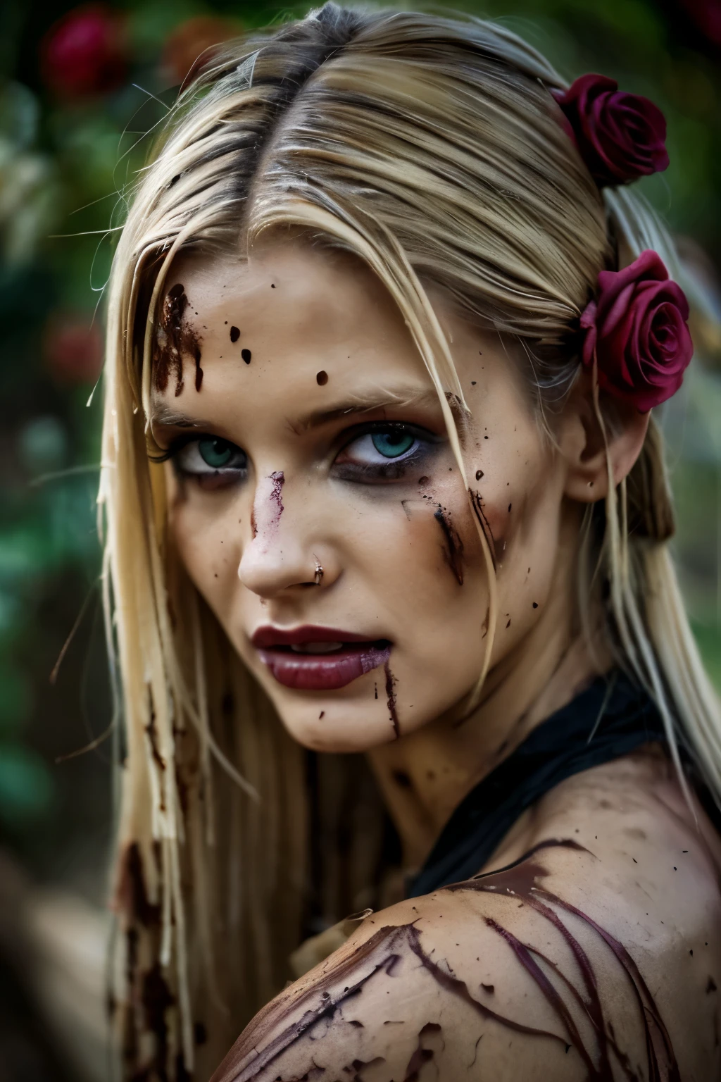 Photographic,"cinematic photo {a beautiful BLOND woman decorates her beautiful face with mud and roses, the background is dark and dark gruesome grotesque . 35mm photograph, film, bokeh, professional, 4k, highly detailed"