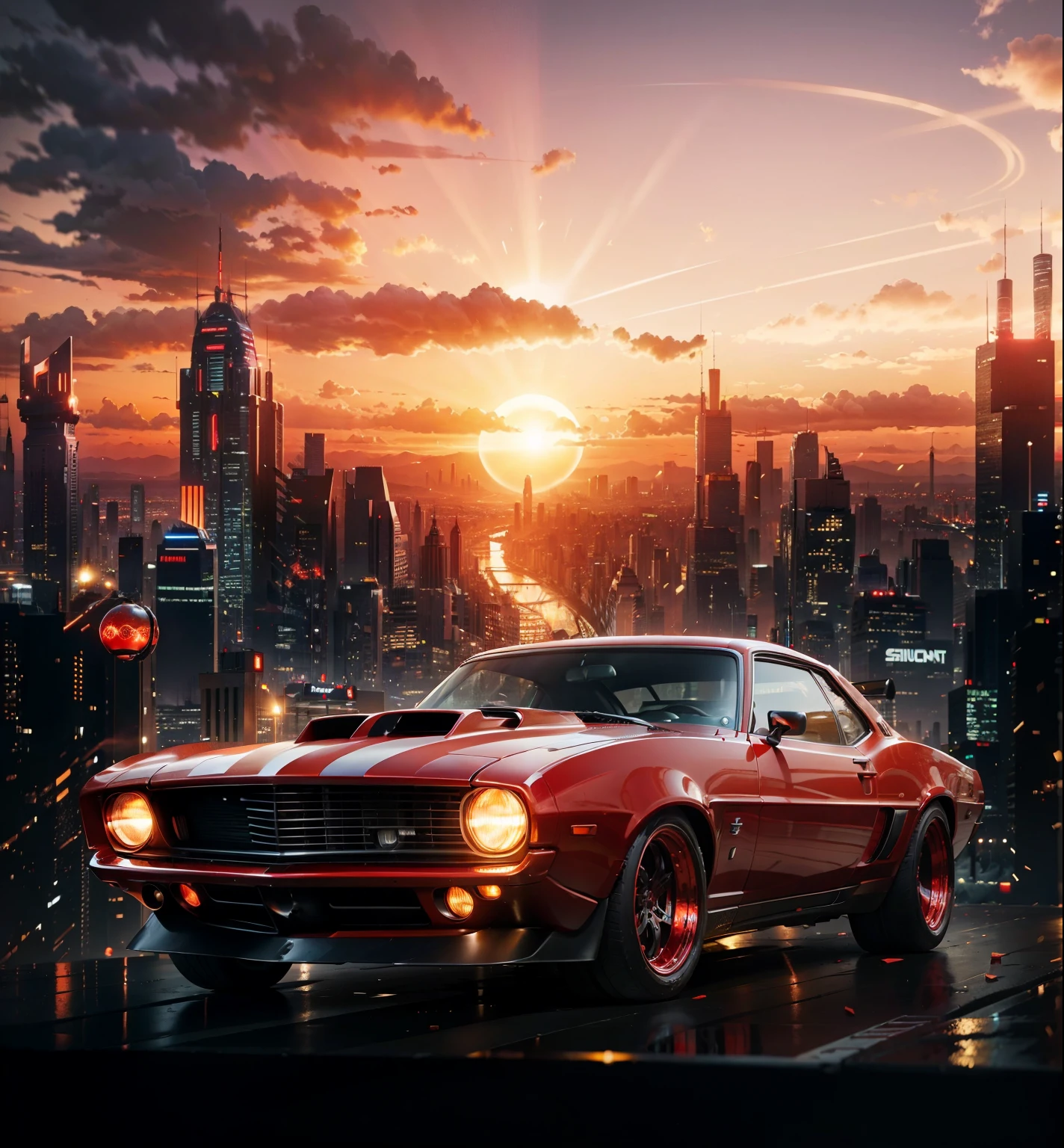 A Red Muscle sport car headlights on in the foreground, in the background is a sci fi city with a lot of buildings lights on and a giant sun in the sky