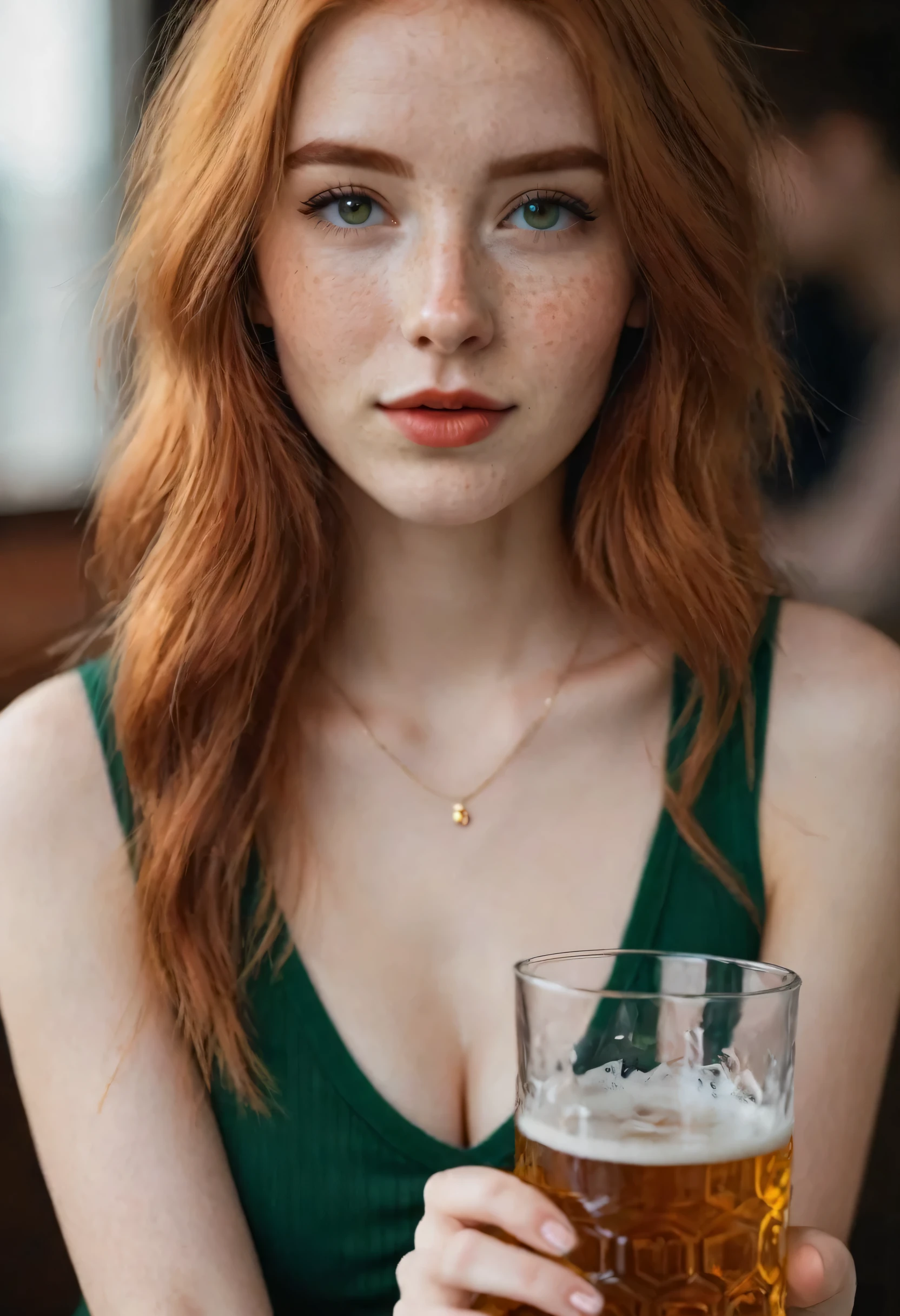 ((best quality)), ((detailed)), (masterpiece), 8k RAW PHOTO, phone photo, ((cute face, perfect face, slight smile, young 18 years old girl, skinny legs, skinny thighs,medium size breast, skinny waist:1.1)), ((red hair), (freckles:0.9), greeneyes, long straight red hair) , drink beer or whisky