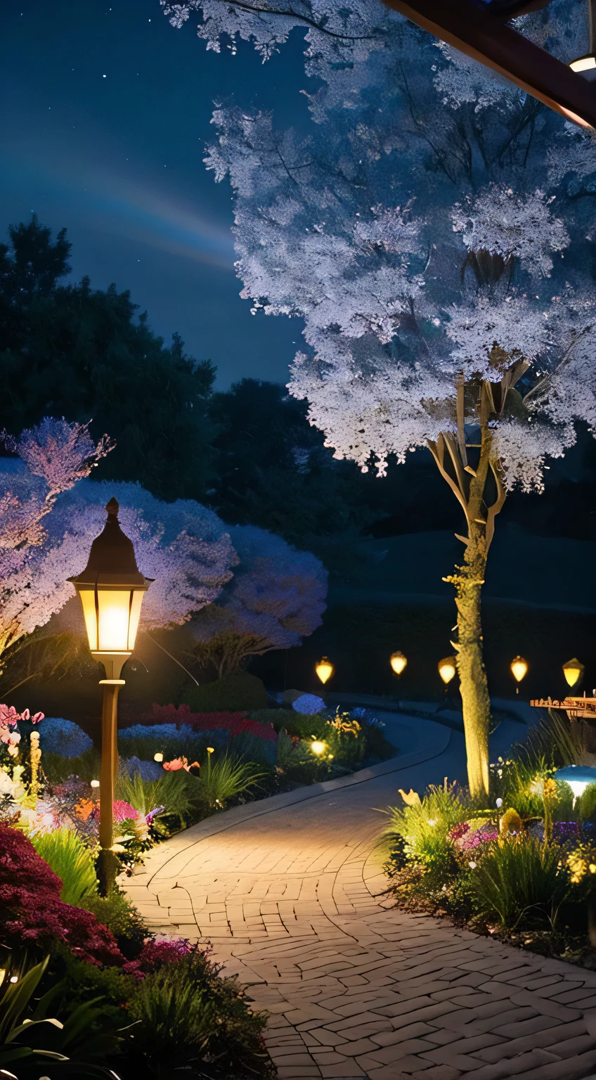 Imagine an enchanting garden at night, where glowing flowers of various colors light up the path, leading to a hidden pavilion made of crystal and silver. The moonlight filters through the translucent crystal walls, casting a dreamy glow on the surroundings. Fireflies dance around, and ethereal music seems to emanate from the pavilion, inviting visitors to a magical gathering. This scene combines elements of reality and fantasy, creating a perfect setting for a high-resolution Instagram square post.