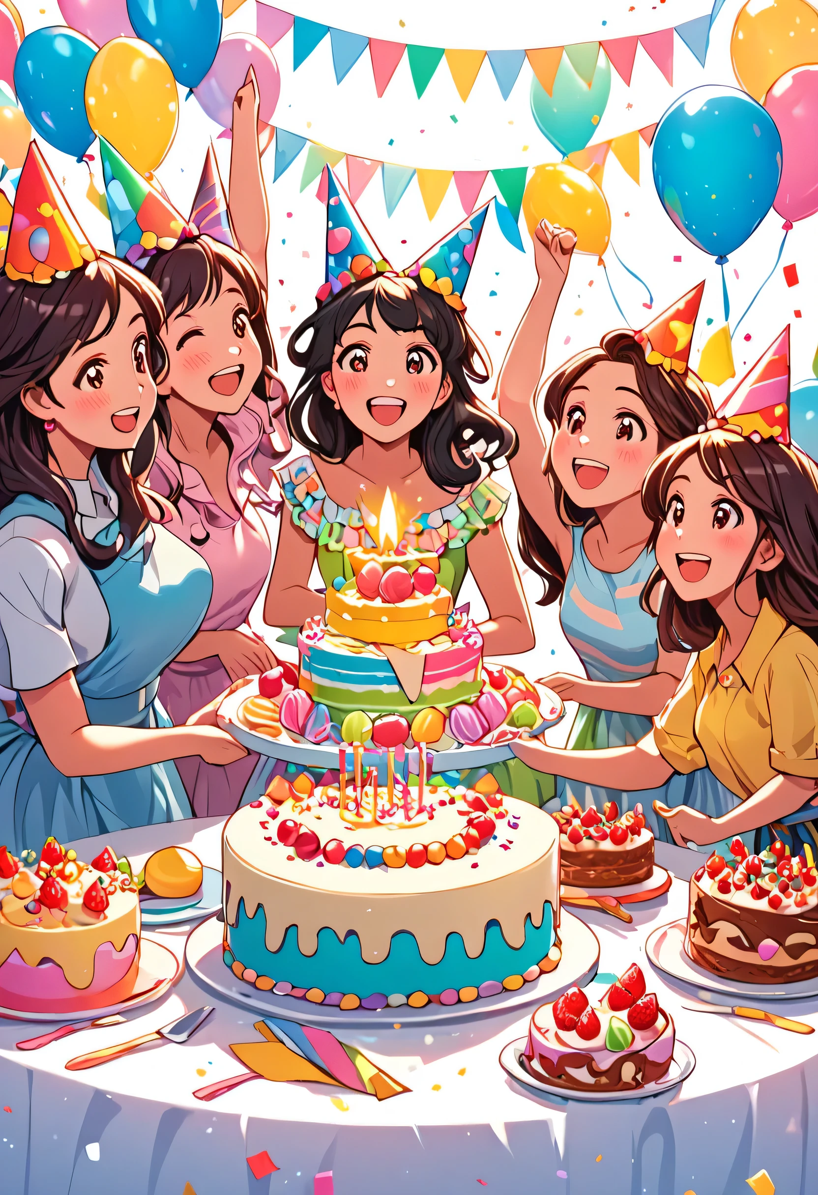 ((multiple characters)) 7 chicas sentadas alrededor de una mesa con un pastel, celebrando una fiesta, viendo al espectador ((mejor calidad)) ((obra maestra)) ((detalles perfectos)) ((manos perfectas)) ((celebracion)) ((demostrando felicidad))