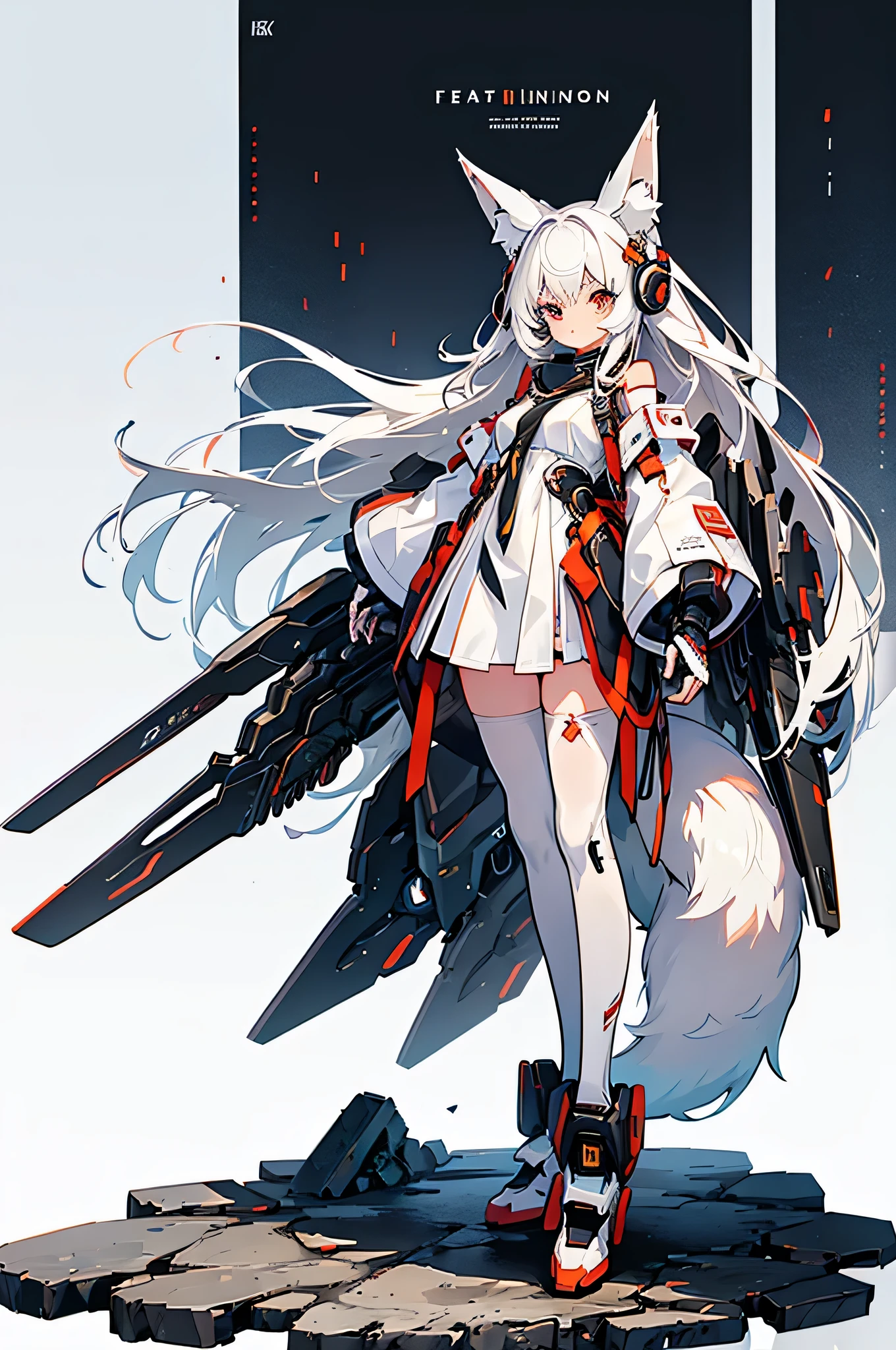 1 girl with long white hair, fox ears, fox tail, standing, full mecha body, looking at viewer 