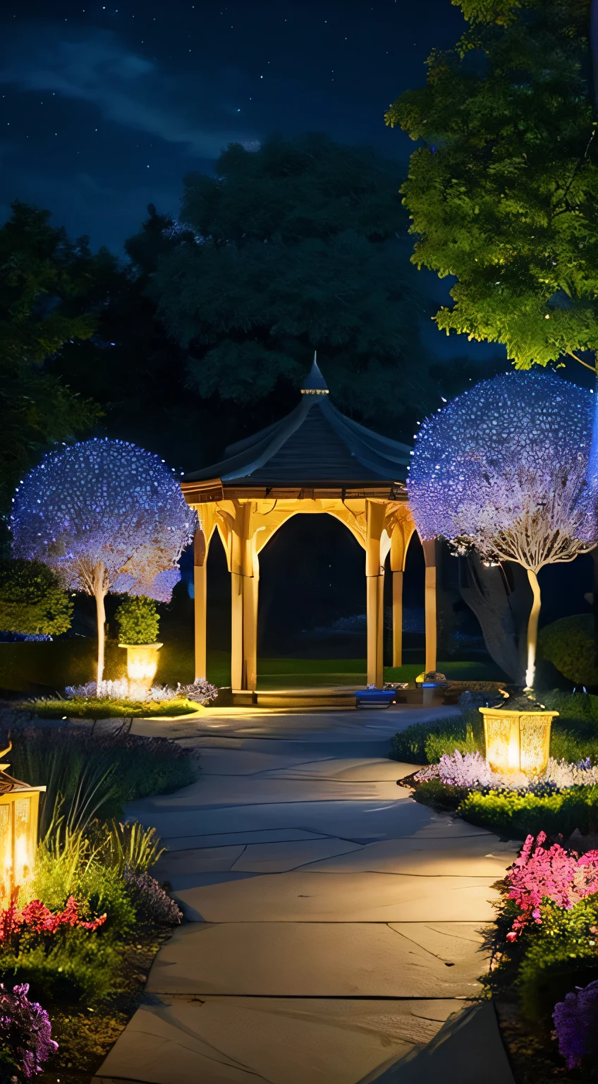 Imagine an enchanting garden at night, where glowing flowers of various colors light up the path, leading to a hidden pavilion made of crystal and silver. The moonlight filters through the translucent crystal walls, casting a dreamy glow on the surroundings. Fireflies dance around, and ethereal music seems to emanate from the pavilion, inviting visitors to a magical gathering. This scene combines elements of reality and fantasy, creating a perfect setting for a high-resolution Instagram square post.