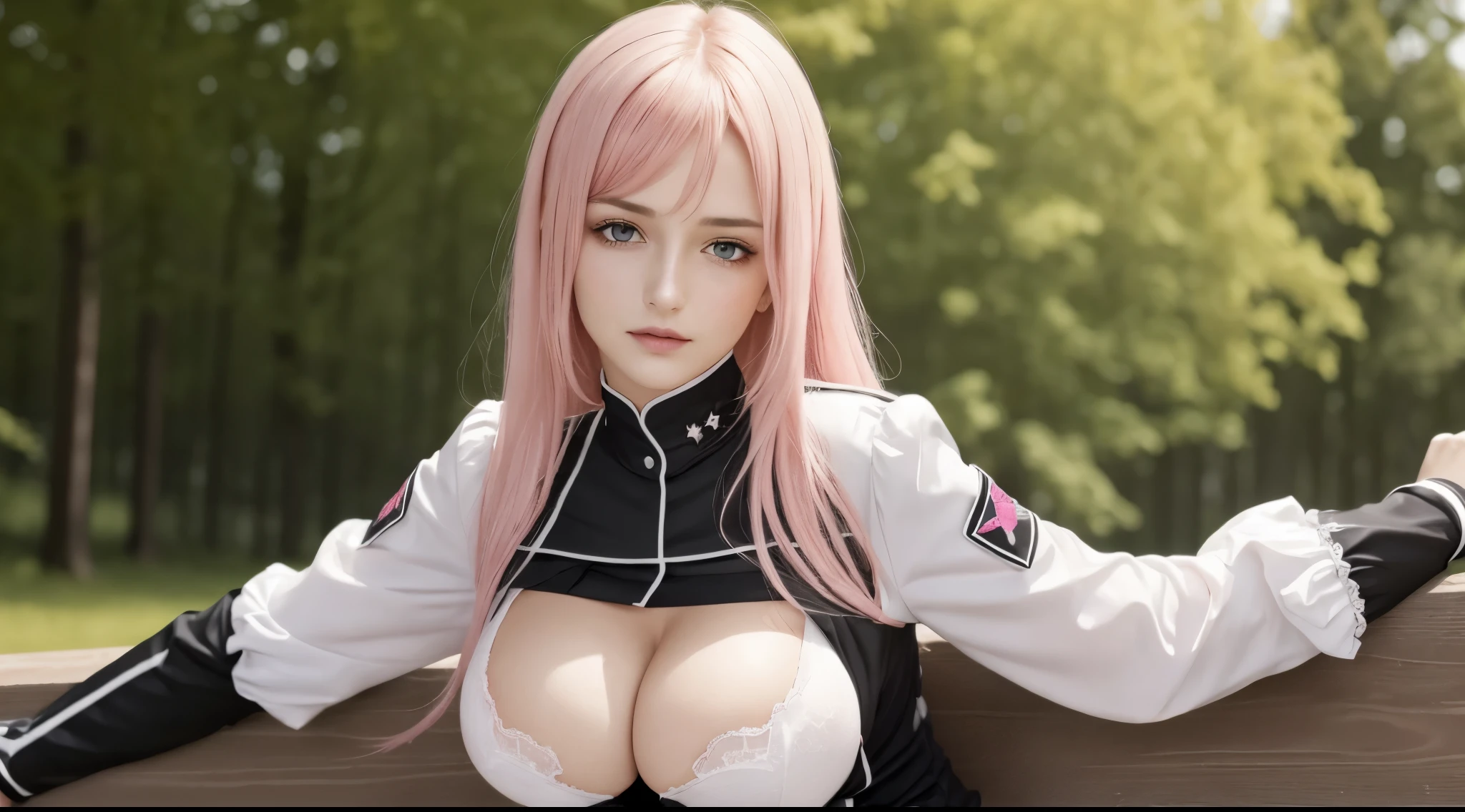 (Meisterwerk), Best quality, ausdrucksstarke Augen, perfektes Gesicht, a hot girl, pinkes Haar, Huge breasts, schwarzer Minirock, white uniform, Ihr Name ist College, very hot girl, Sexy, Her breasts are so big, dass sie aus ihrem BH herausspringen (ist noch nicht passiert), Happy, Katzenschnurrhaare, blush, Grab boobies