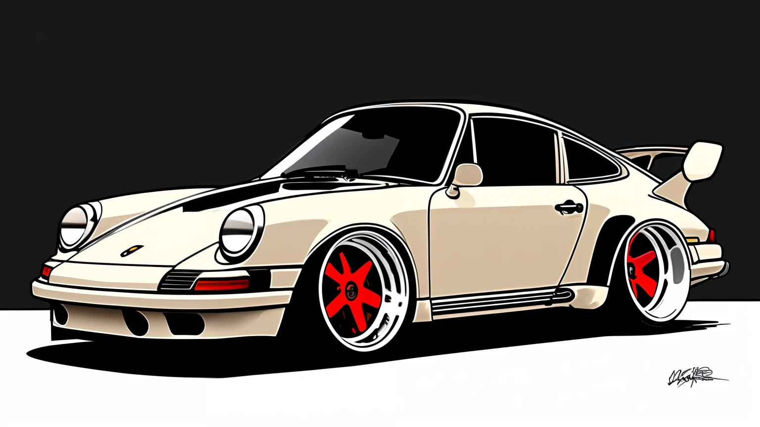Dark beige  Porsche 911 rwb, wide body, sketch, 
cartoonish, comic strip, Chip Foose car rendering, chrome wheels, bagged, slammed to the ground, art, gothic art, masterpiece, highly detailed,