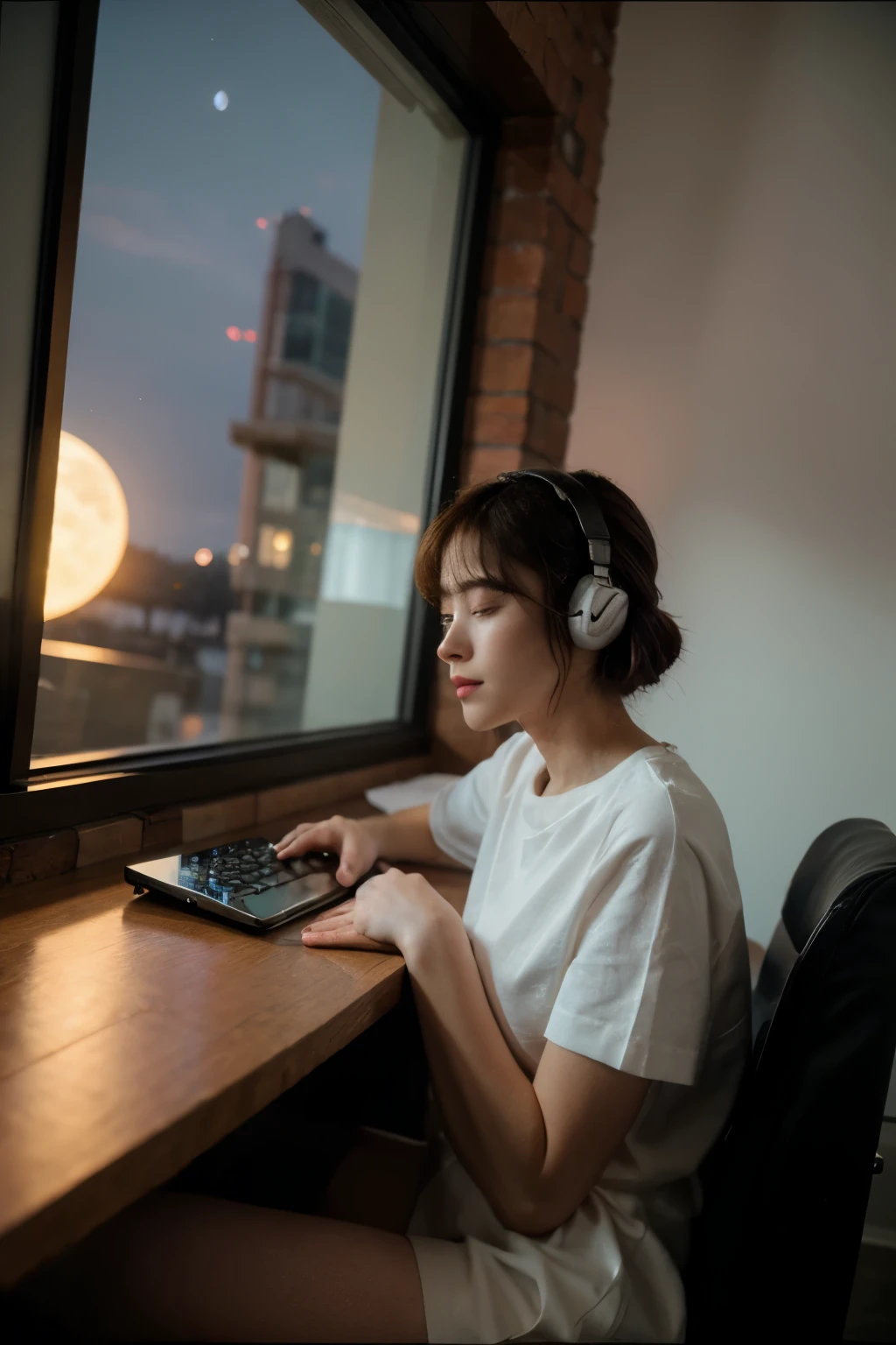 girl listing to music lofi, in the room , open window, sit on desk , look at the moon